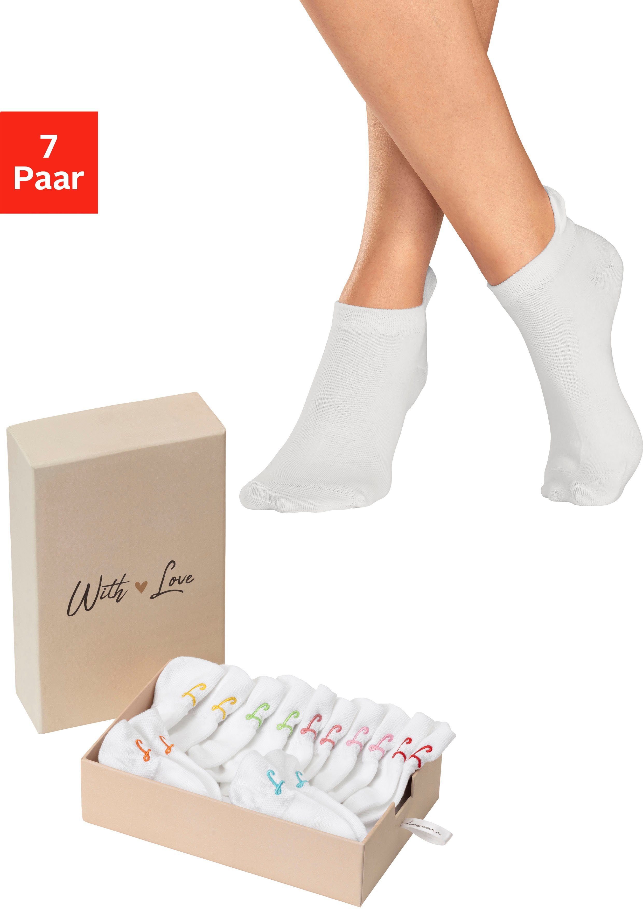 7x kleiner (Set, Sneakersocken weiß LASCANA Stickerei mit 7-Paar, Box)