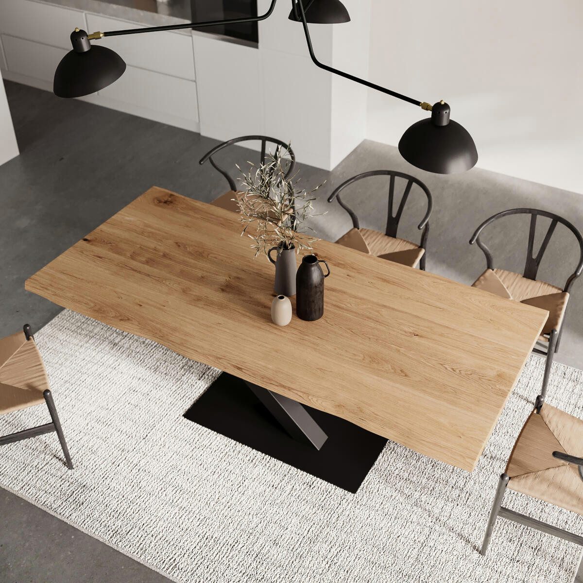 Rellgo Esstisch aus Wildeiche, Silja Baumkantentisch – V-Gestell Stahl – Handgefertigt, Naturbelassene Baumkante, Hergestellt in Deutschland, Massivholz