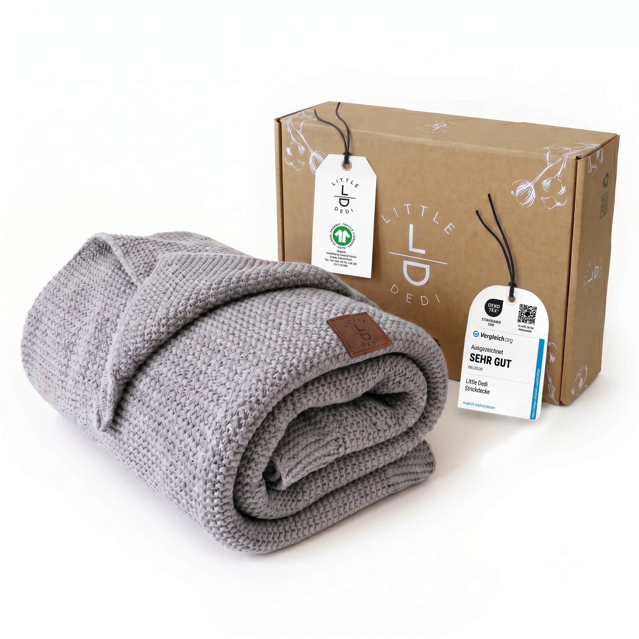 Babydecke Baby Strickdecke, %100 Bio Baumwolle, Atmungsaktiv, 80x100cm, Silber, Little Dedi