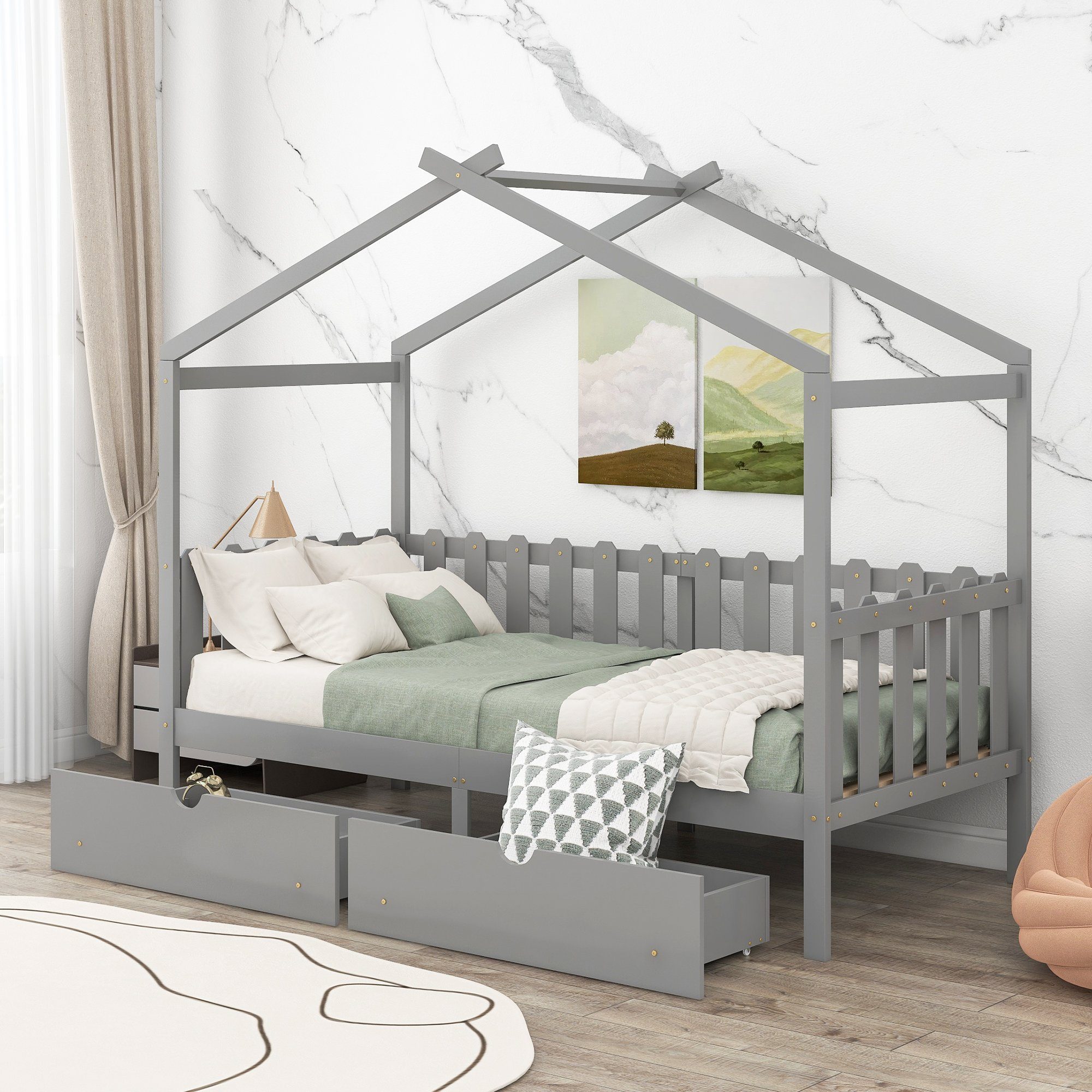 Flieks Kinderbett, Einzelbett Kinderbett Massivholz Hausbett mit 2  Schubladen und Lattenrost 90x200cm online kaufen | OTTO