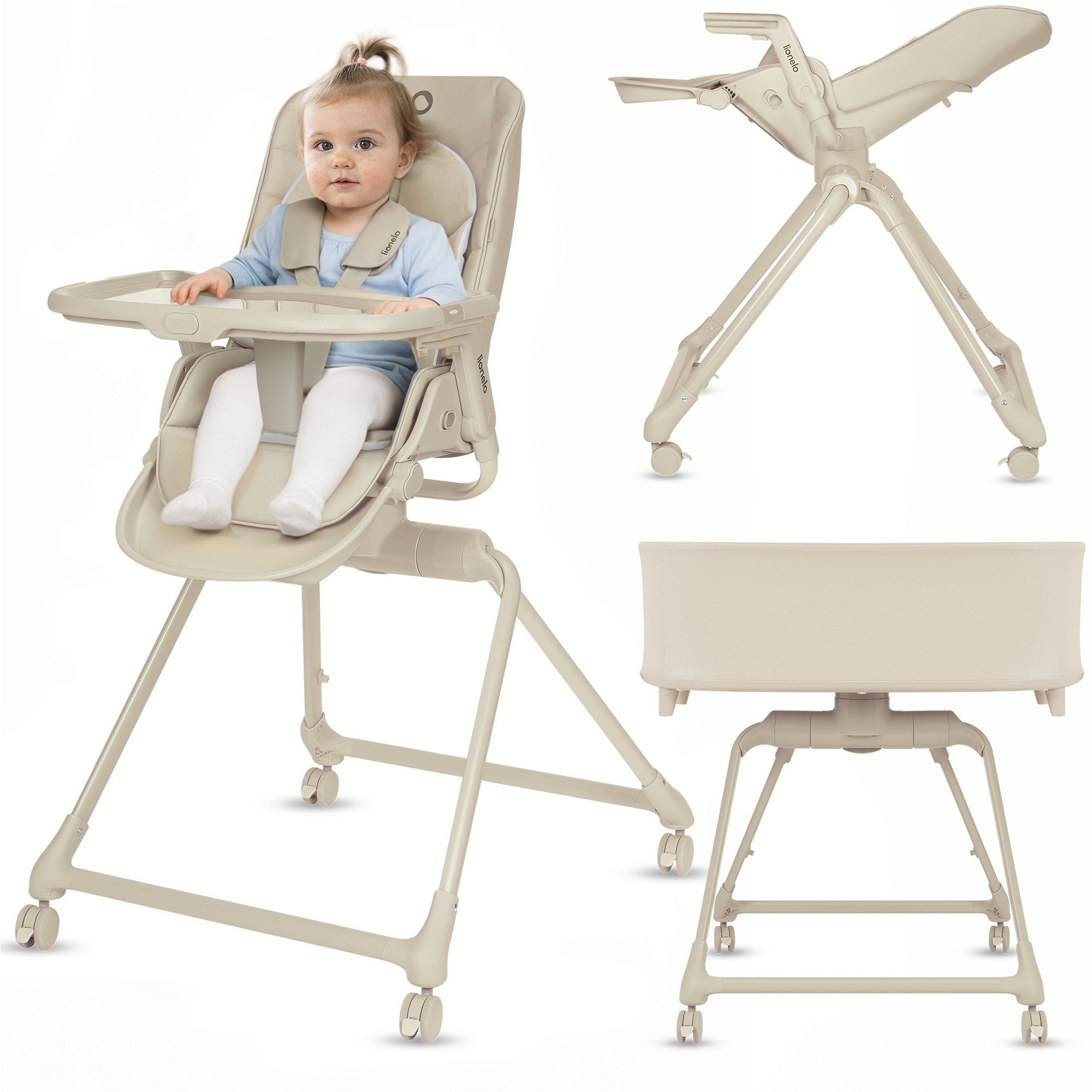 lionelo Hochstuhl MADDIE SET (Set), 3in1/360° Drehung/T25 Matratze/4 Rollen/5-Punkt-Gurt