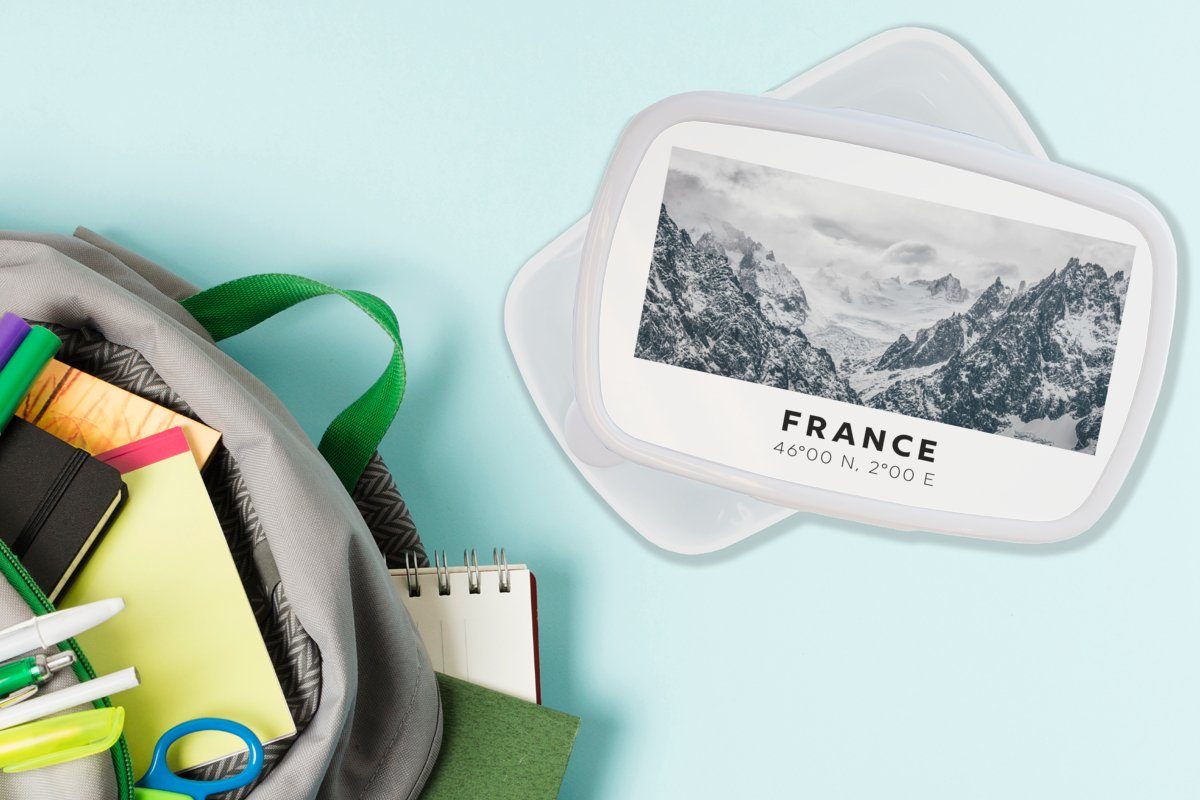 Jungs weiß Frankreich für Erwachsene, und Berge, Lunchbox Kunststoff, (2-tlg), und - Brotbox Schnee für Mädchen MuchoWow Brotdose, Kinder -