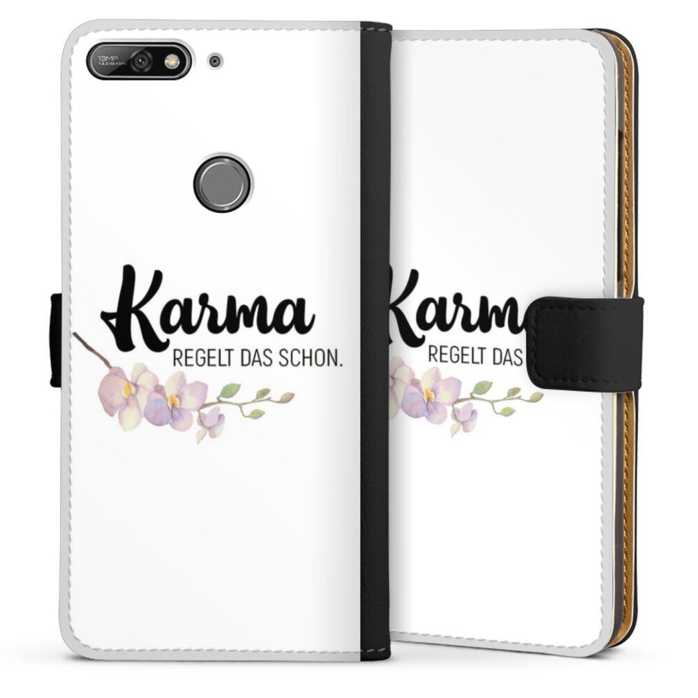 DeinDesign Handyhülle Karma regelt das schon, Huawei Y7 (2018) Hülle Handy Flip Case Wallet Cover Handytasche Leder