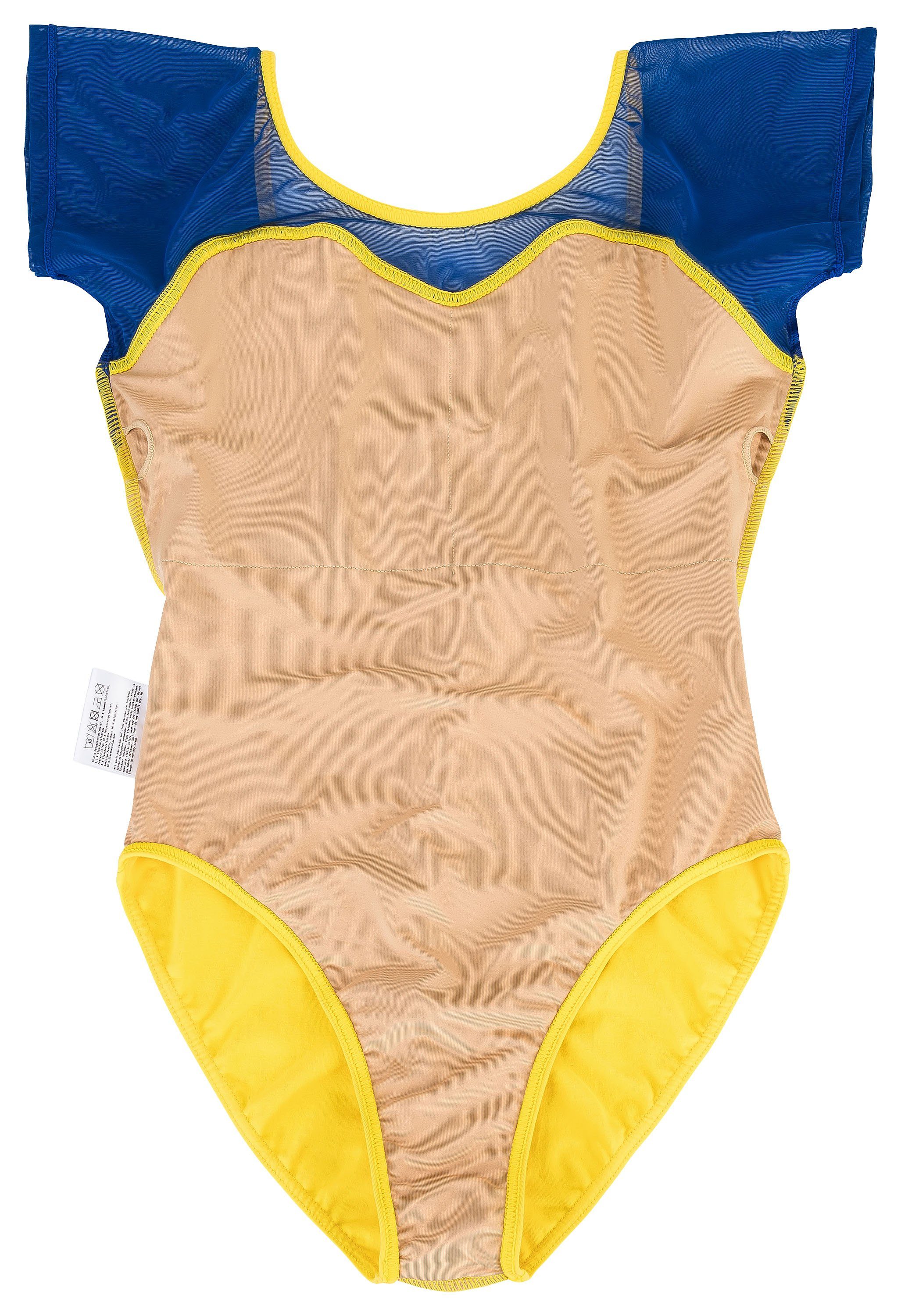 tanzmuster Body Damen Kurzarm Ballett Trikot Natalie UKRAINE EDITION Ärmel und Rückenausschnitt aus blauem Netzstoff