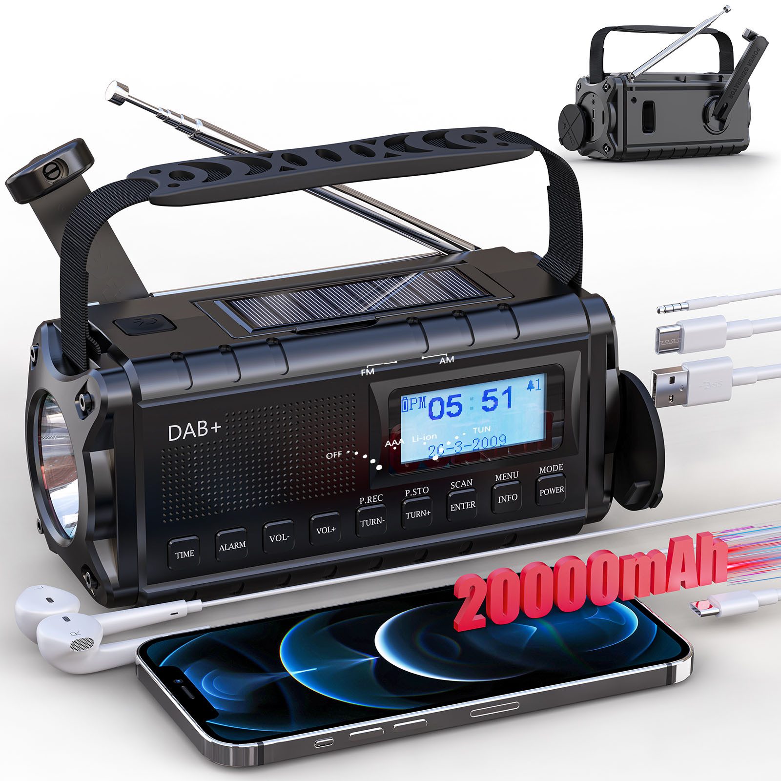 Solarbaby Multifunktionales Notfallradio, DAB+/FM Kurbelradio Notfallradio (mit Handy Ladefunktion, Wecker, SOS Alarm)