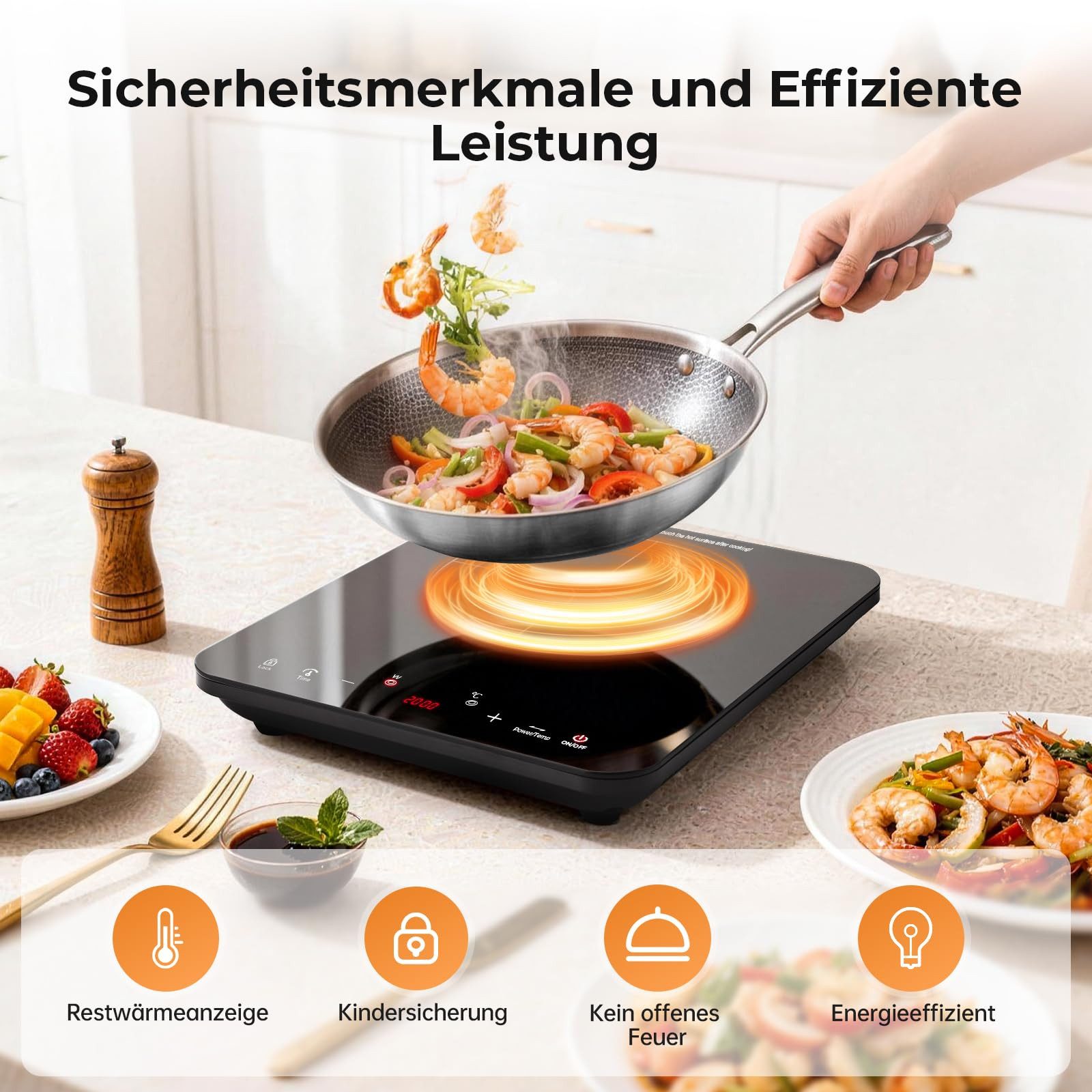 SNDOAS Elektro-Kochfeld, Induktionskochfeld 1‑Platte 2000W Touch‑Steuerung, Elektro Herdplatte