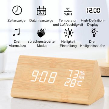 DOPWii Wecker Wecker aus Holz, mit Tonsteuerung Luftfeuchtigkeit Temperatur Datum
