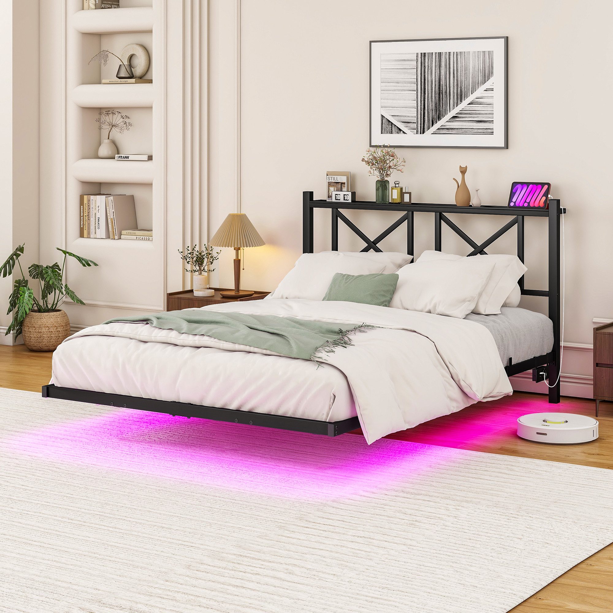 REDOM Kinderbett mit LED-Licht und Ladefunktion (schwebender Bettrahmen inklusive Kopfteil, Doppelbett Metallbett, 120x200 cm)