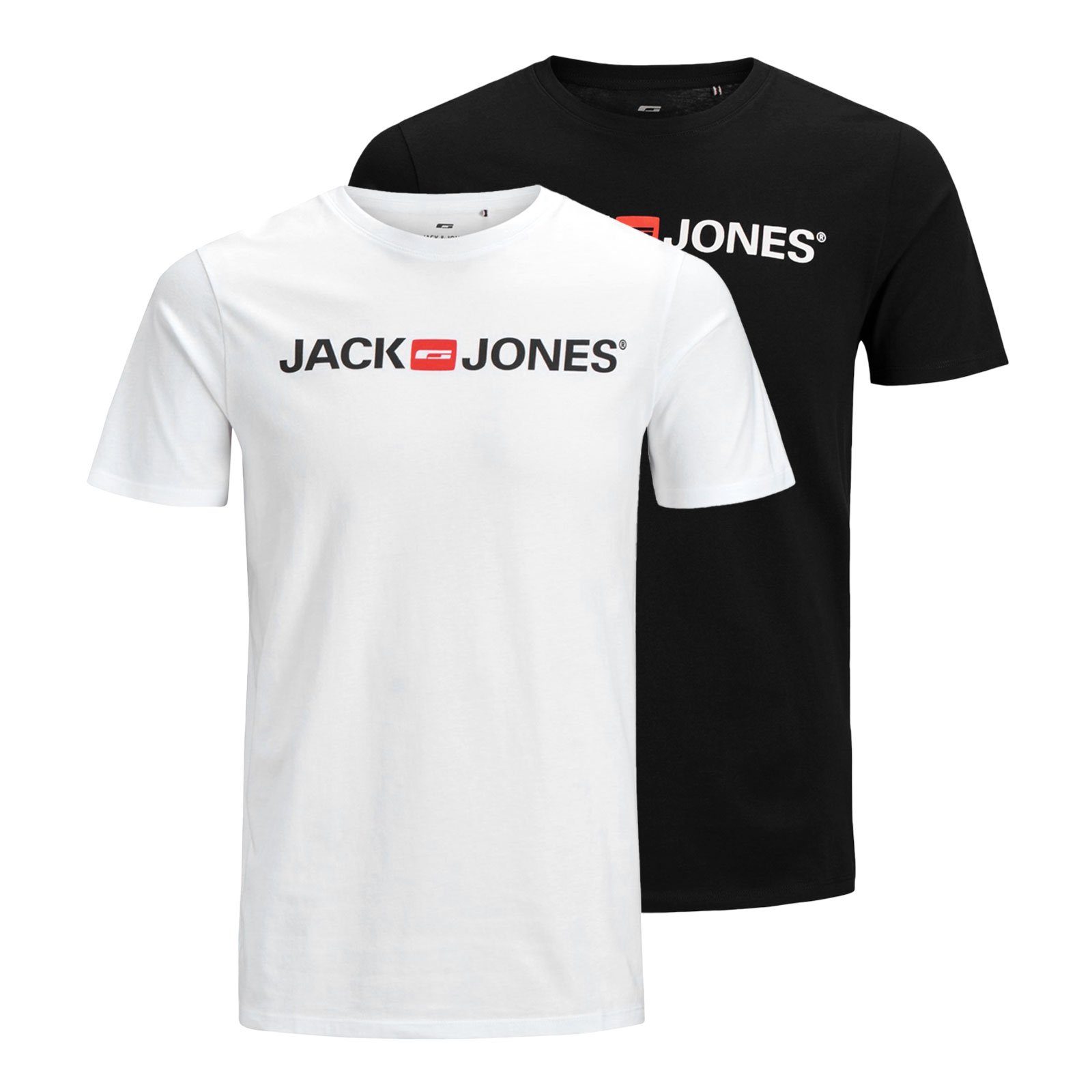 Crew Logo black mit 2er Pack T-Shirt white & / Jack Neck Tee Markenschriftzug Jones