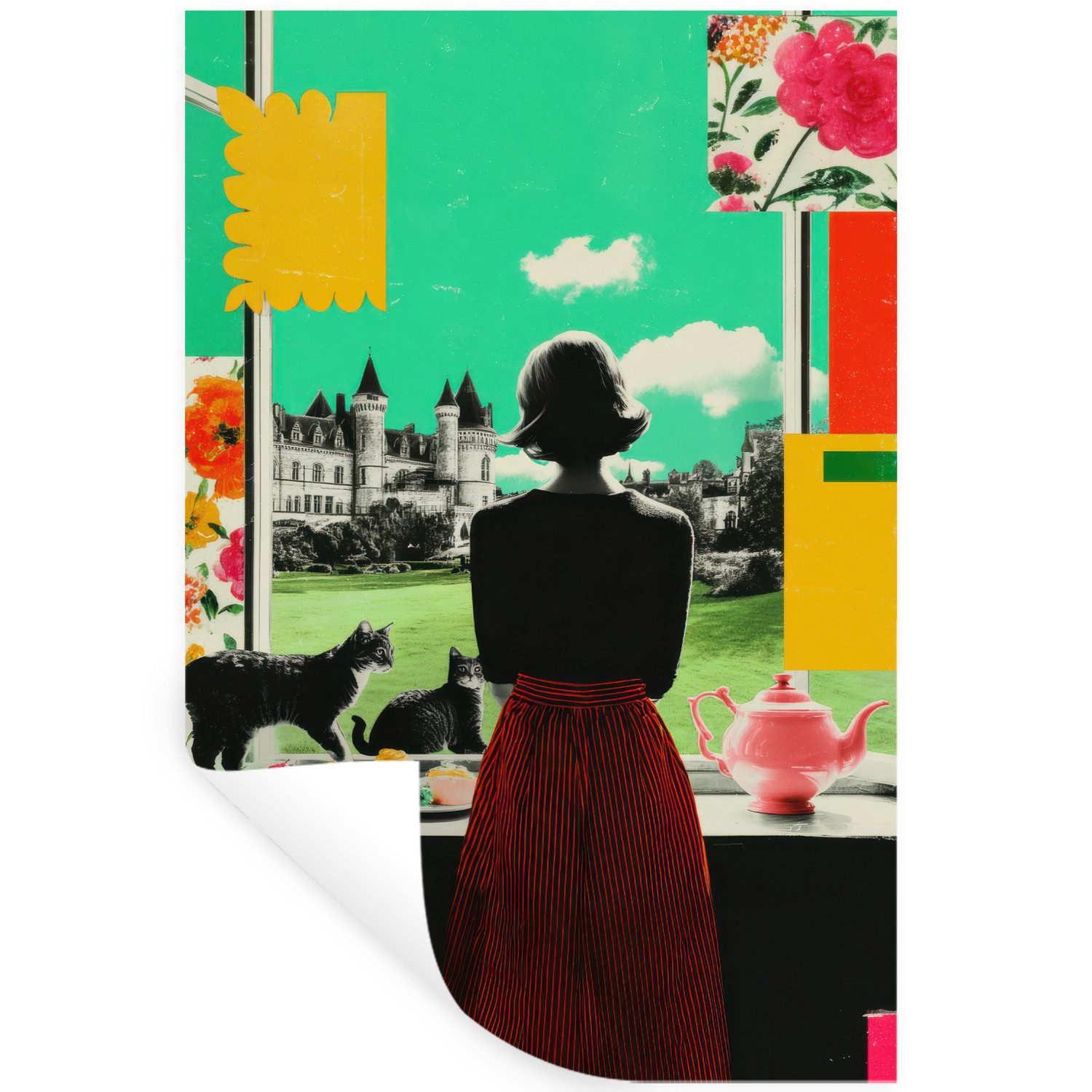 MuchoWow Wandsticker Frau - Küche - Katzen - Fensterblick - Fenster (1 St), Wanddeko, Aufkleber, Wandtattoo, 80x120 cm