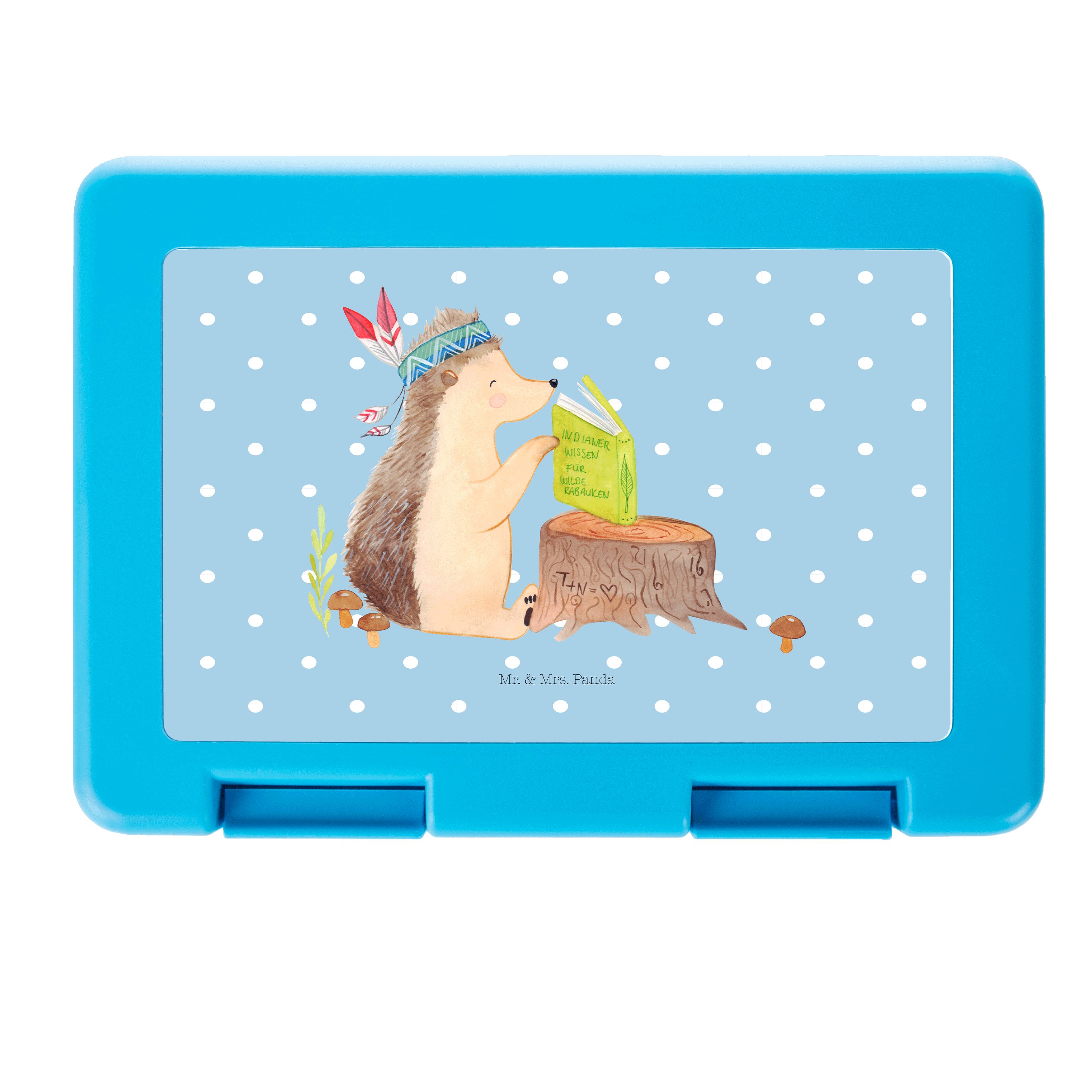 Mr. & Mrs. Panda Butterdose Igel mit Federkopfschmuck - Blau Pastell - Geschenk, Brotbox, Tiere, Premium Kunststoff, (1-tlg)