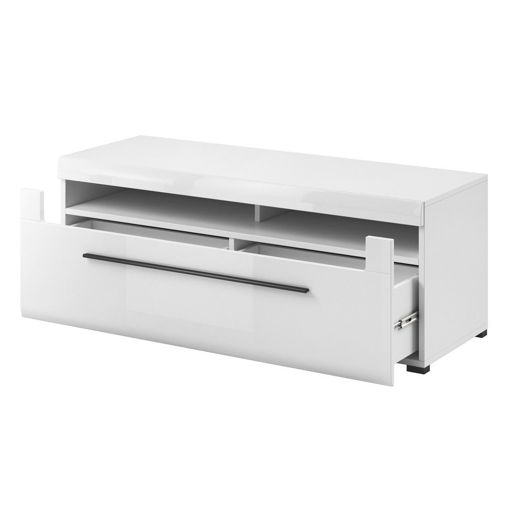 Lomadox Lowboard TURDA-83, weiß Hochglanz modern Absetzungen schwarz und Schubkasten 140/52/50 cm