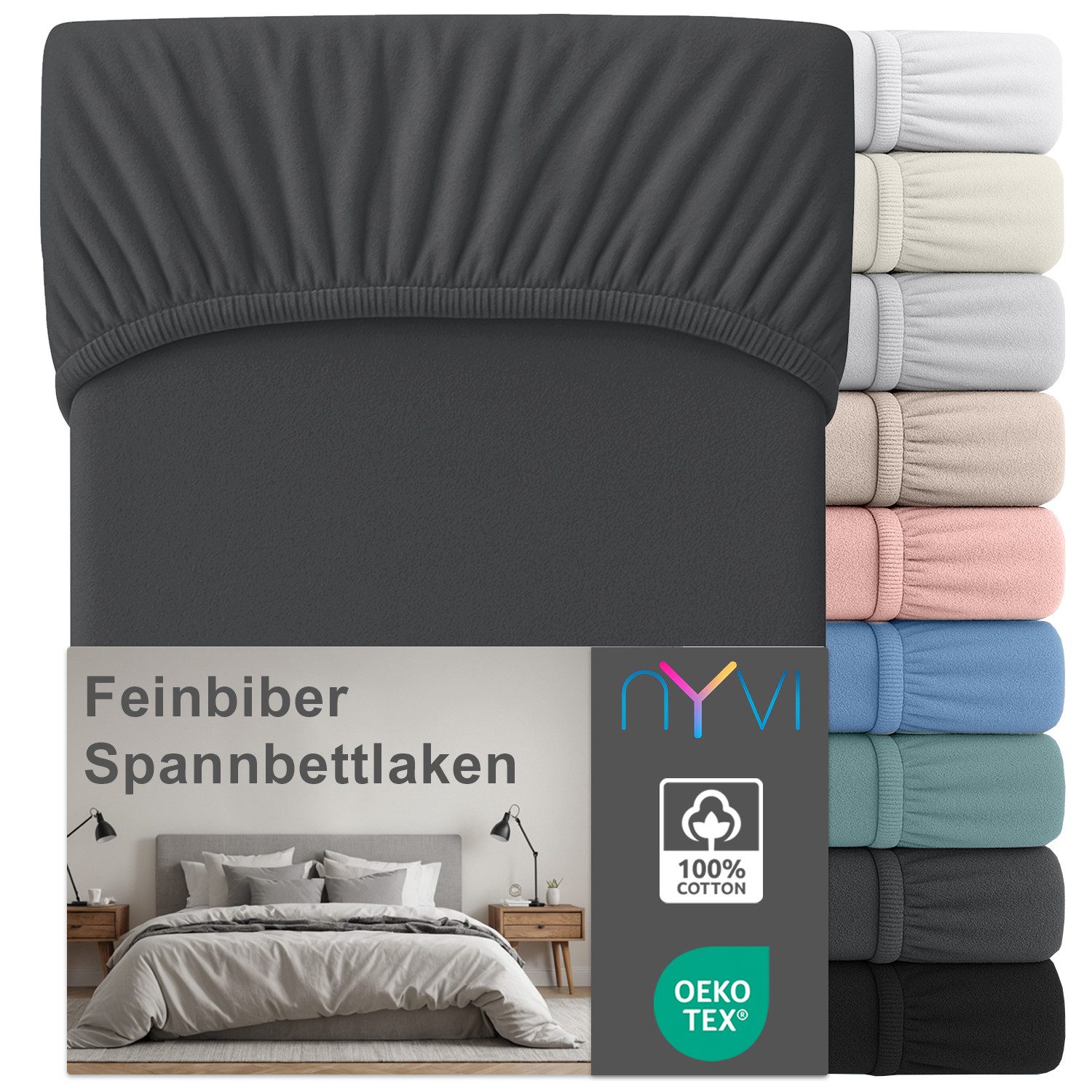 NYVI Spannbettlaken Feinbiber Spannbettlaken Deluxe für Matratzen bis 25 cm Steghöhe, Baumwolle, (1 Stück), 90x200 cm - Extra Warm & Weich 100% Baumwolle Bügelfrei Vorgekrumpft