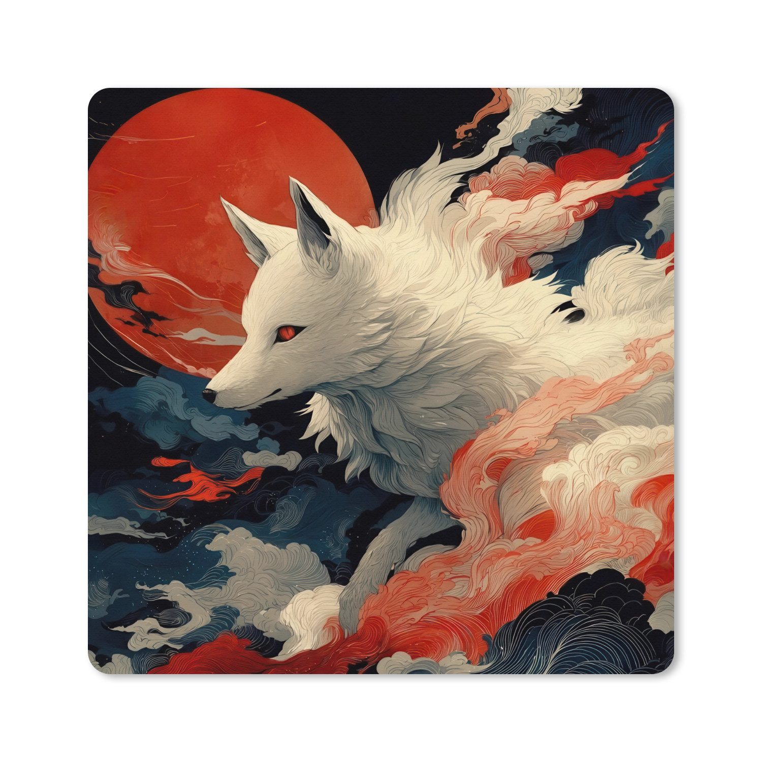 MuchoWow Mauspad Weißer Fuchs - Wolken - Mond (1-St), Schreibtischunterlage, Gaming Deko PC, Gaming Setup, 40x40 cm