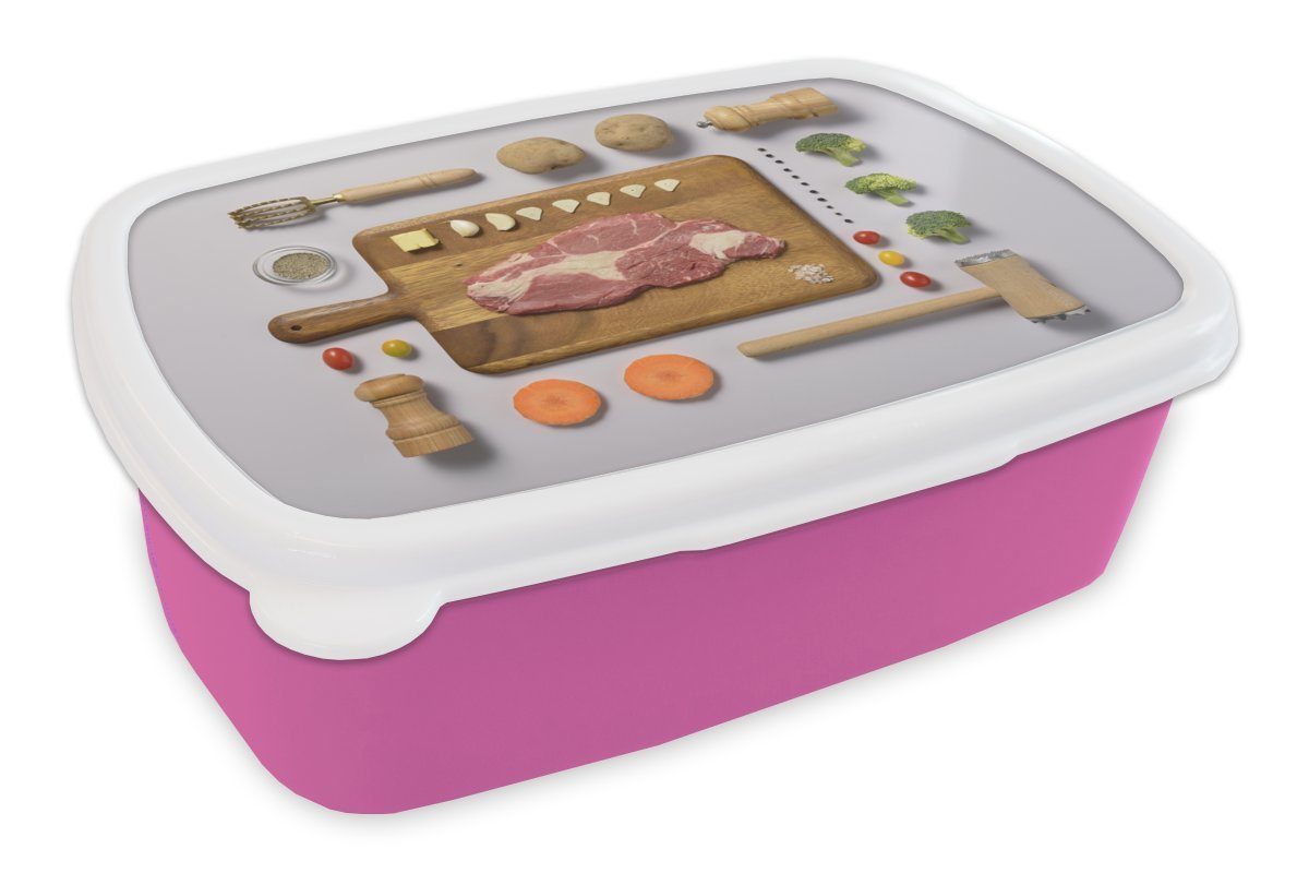 MuchoWow Lunchbox Gegrilltes Rindfleisch auf einem Schneidebrett, Kunststoff, (2-tlg), Brotbox für Erwachsene, Brotdose Kinder, Snackbox, Mädchen, Kunststoff rosa