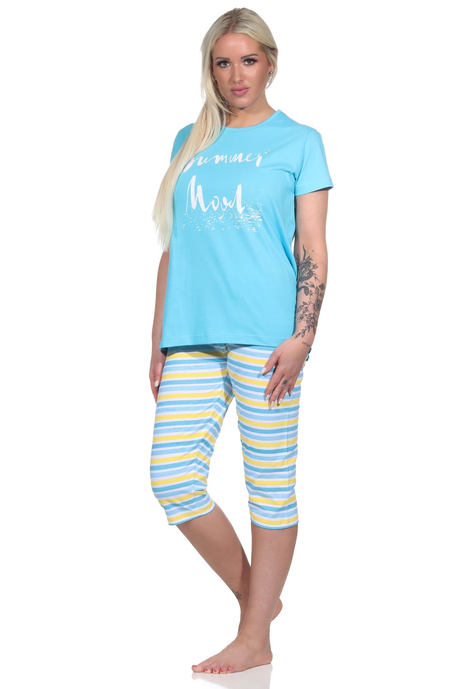 Hose geringelt kurzarm Damen Schlafanzug, RELAX Capri Pyjama hellblau Sommerlicher Normann Pyjama by