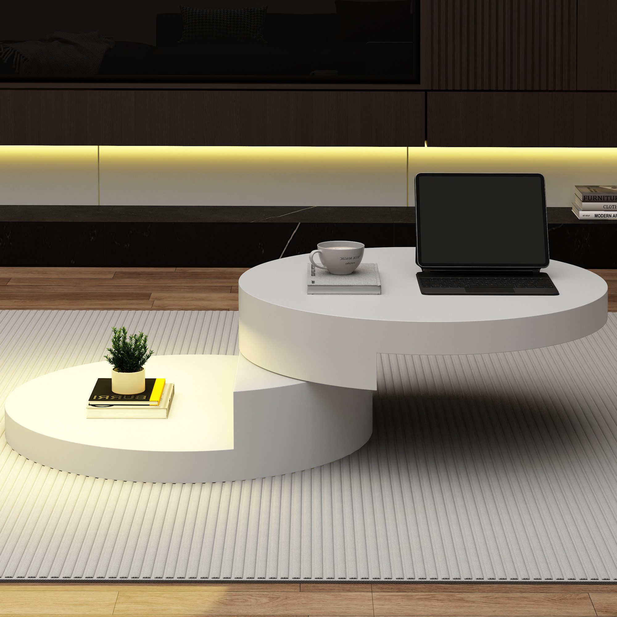 Merax Couchtisch zylindrischer Sofatisch Beistelltisch mit LED und USB (1-St., 1 Tisch), Wohnzimmertisch mit 2 Ebenen & 360° drehbarer Platte, 70x70x35,5cm