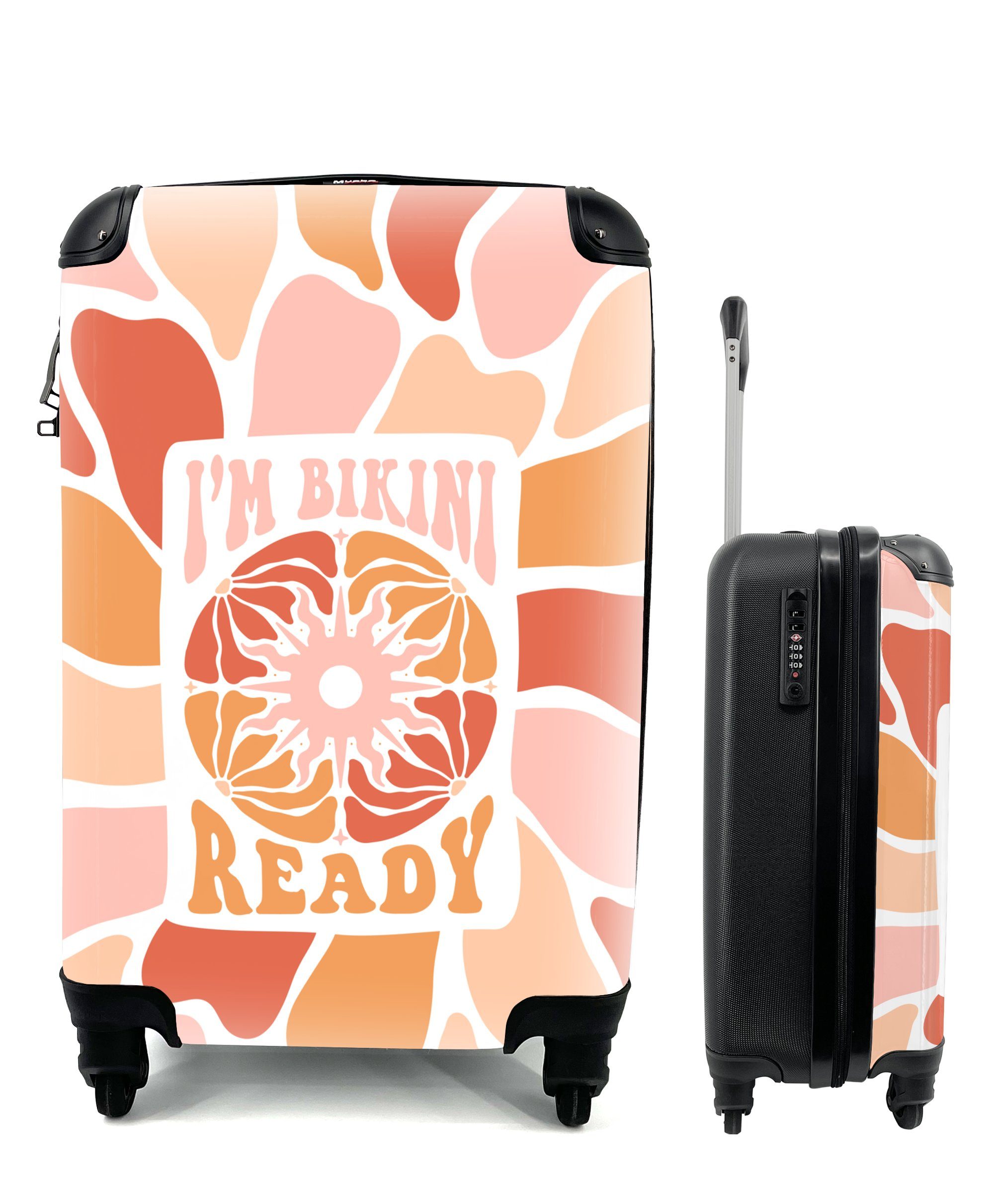 bin Orange, MuchoWow Rollen, - Handgepäck für Handgepäckkoffer für Ferien, Ich Zitat den Bikini mit Rot 4 Reisetasche Reisekoffer - Trolley, - rollen, bereit