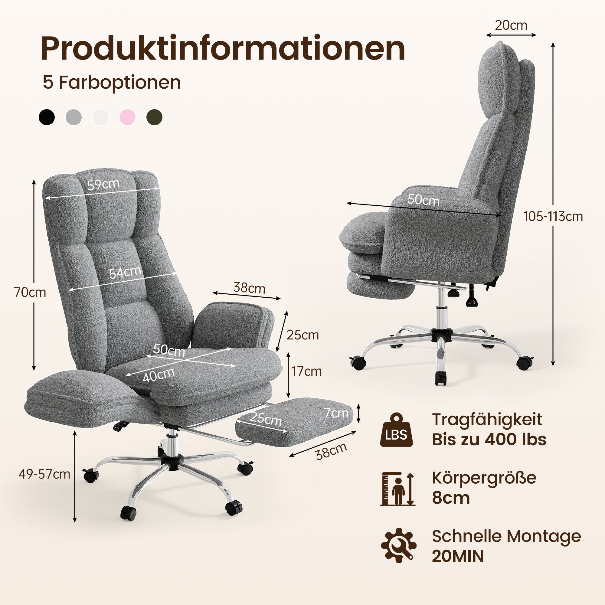 HawthyHome Bürostuhl mit Fußstütze & Klappbaren Armlehnen, 135° Teddy-Fleece, Ergonomischer (1 St), 360° leichtgängige Rollen, mit ausziehbarer Fußstütze für Pausen