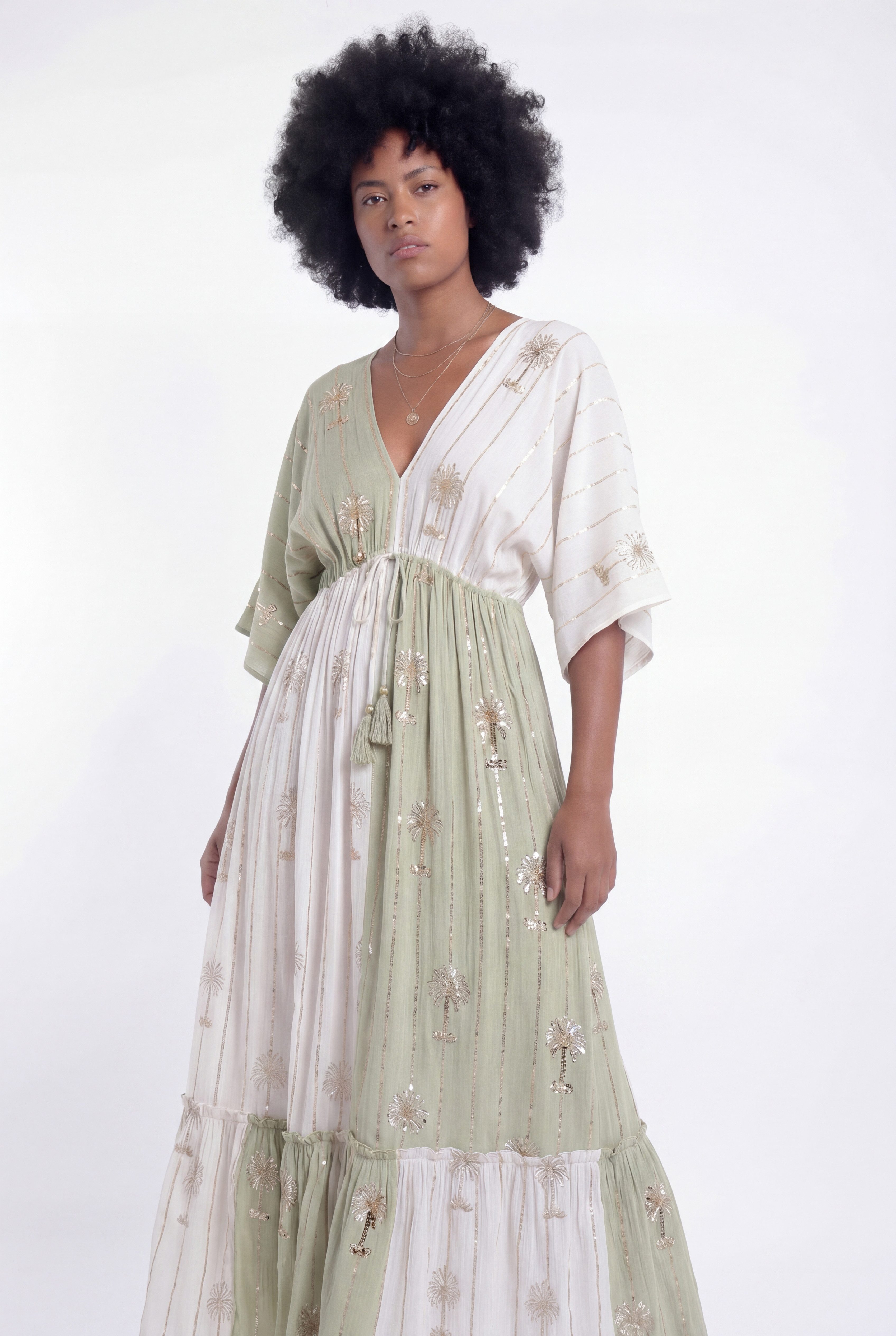 YC Fashion & Style Maxikleid V-Ausschnitt Kleid Blau-Creme – One Size 34–40 aus Viskose