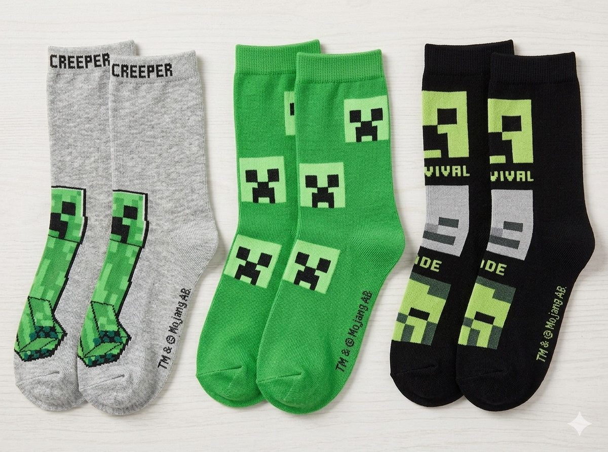 Minecraft Freizeitsocken 3x Minecraft Kindersocken Socken Jungen + Mädchen 31/34, 35/38, 39/42 (Sockenset, 3 Paar) eingesticktes Minecraft Logo – Bild 5 von 5