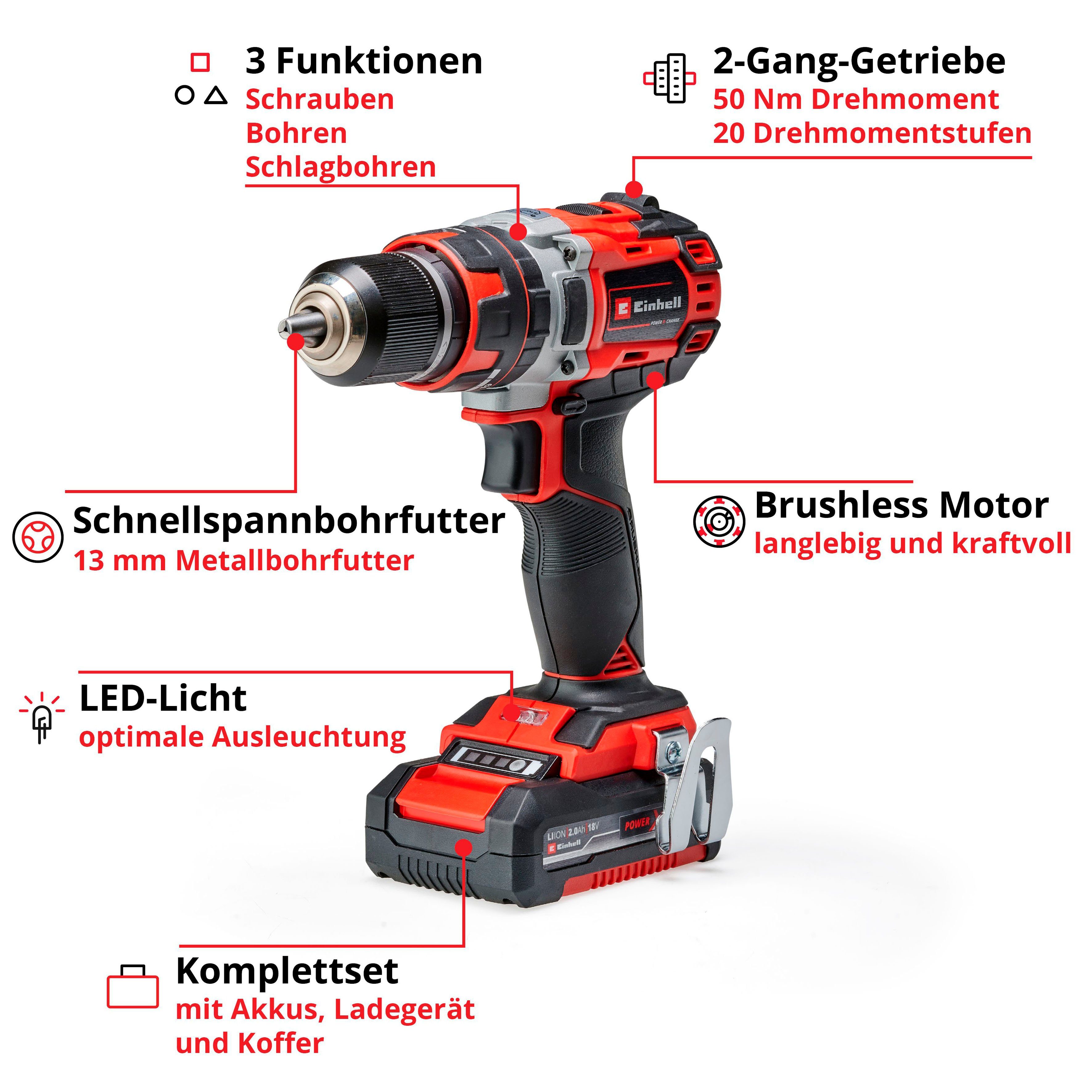 Einhell Akku-Schlagbohrschrauber inklusive 5-tlg), (Set, Ladegerät Li-i U/min, max. und TP-CD BL (2x2,0Ah), 18/50 1800 Akkus 2