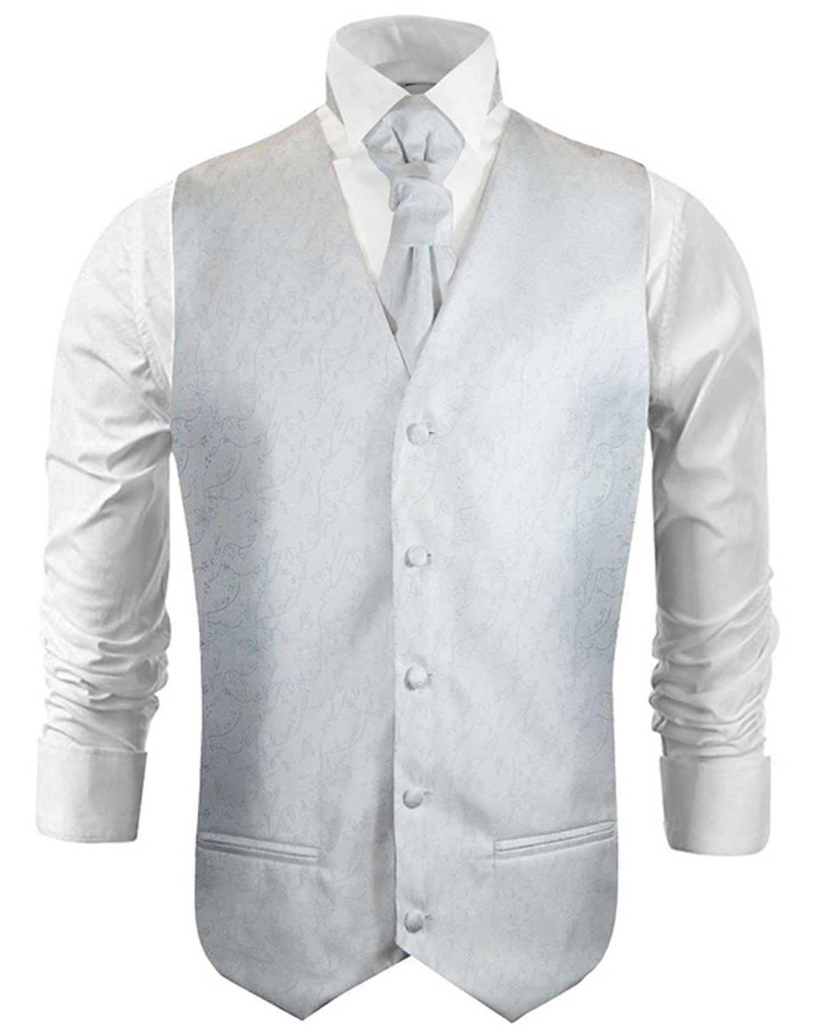 Paul Malone Anzugweste Herren Hochzeitsweste mit Plastron Set 2tlg Florale - Bräutigam (Set, 2-tlg., mit Weste und Plastron) silber weiß V20, Gr. 50 (S)