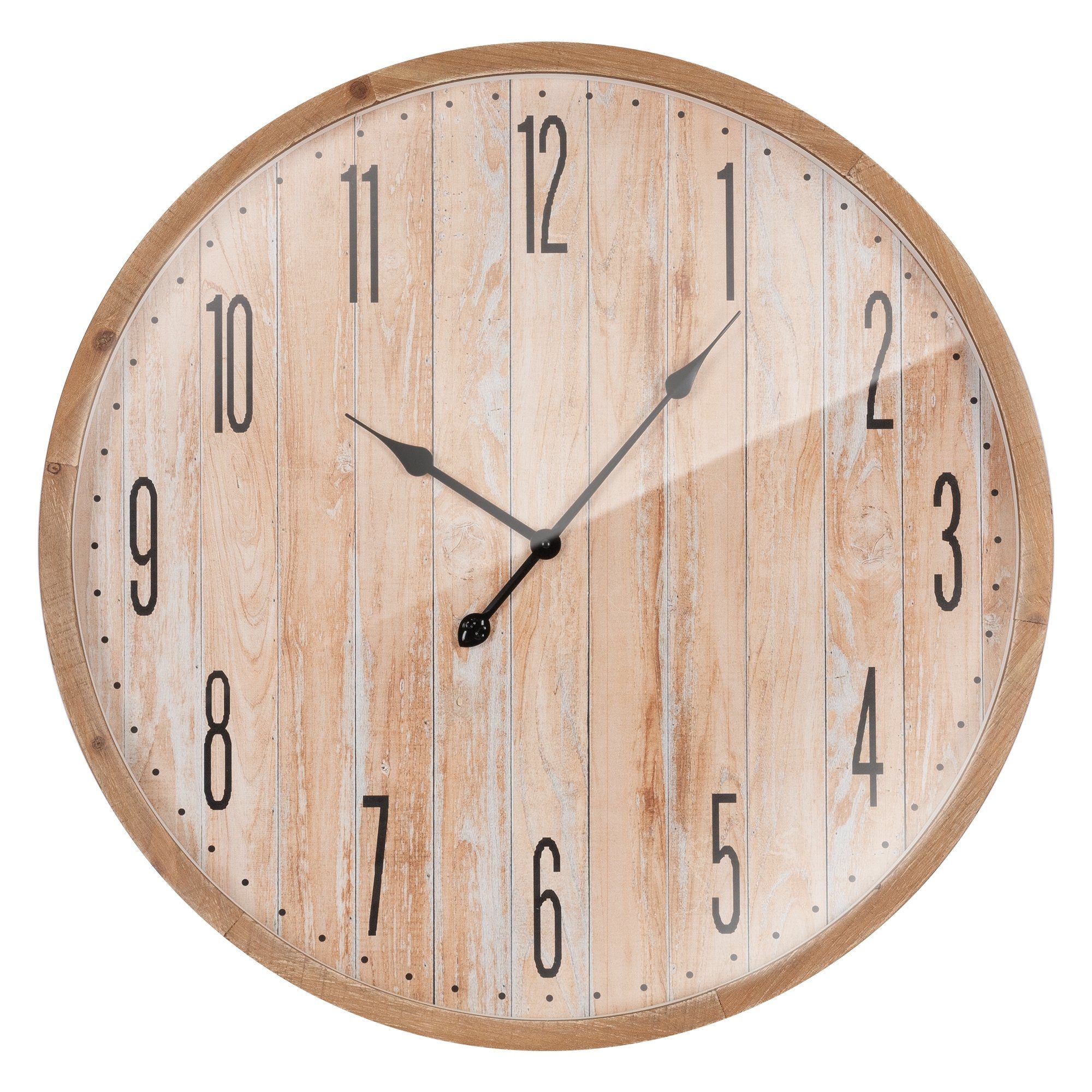 ECD Germany Wanduhr Design Uhr Analoge Wanduhr für Wohnzimmer Dekorative Uhr (Rund Ø 76cm Arabische Ziffern MDF-Holz Glas Fichtenoptik Vintage-Stil)