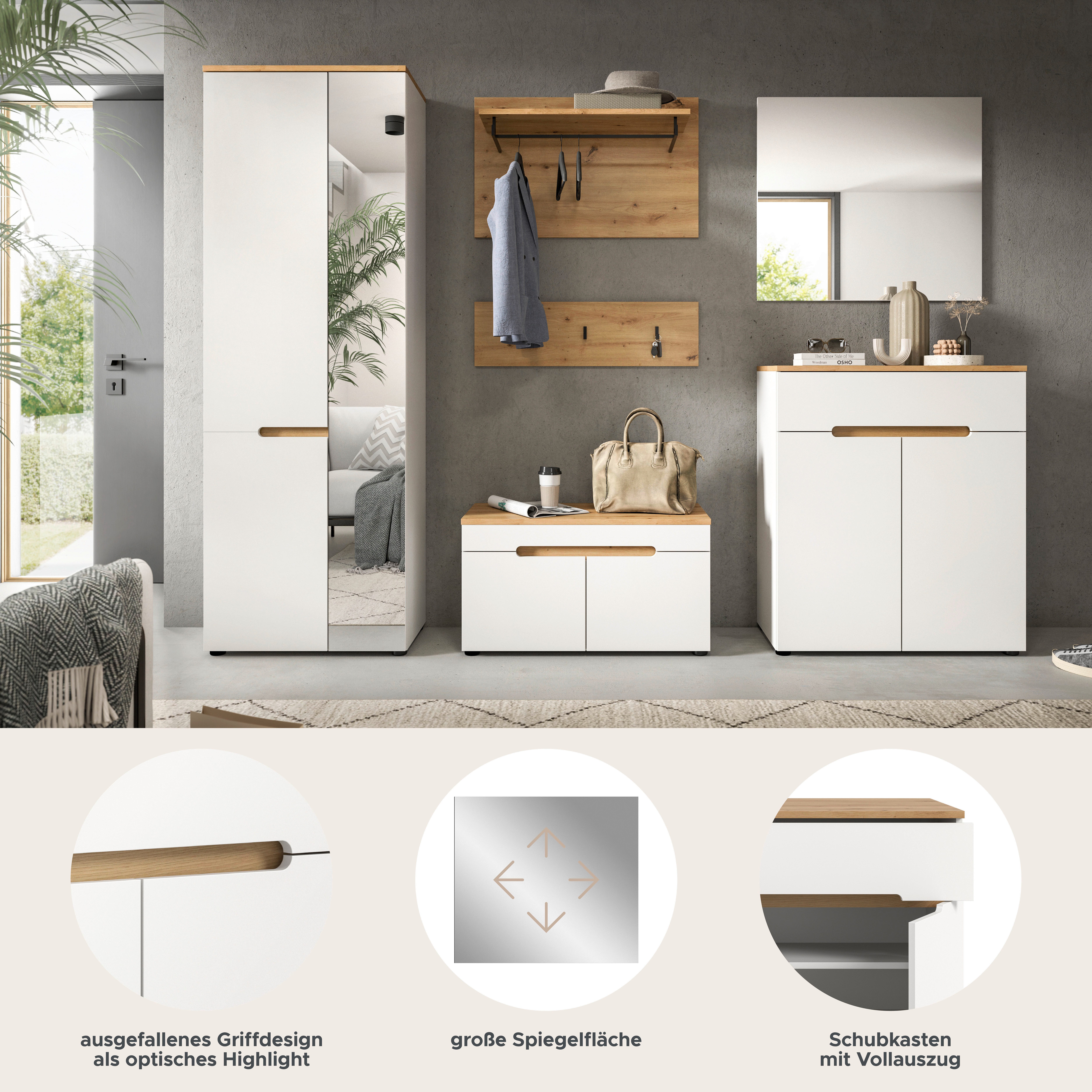 Home affaire Garderoben-Set Rehat, Garderobenkombination, Breite 255cm, (Set, 6-St., Garderobenschrank, Sitzbank, Paneel, Hakenleiste, Spiegel, Kommode), Garderobenkombination, Kombination, Set, Flurgarderobe, Diele