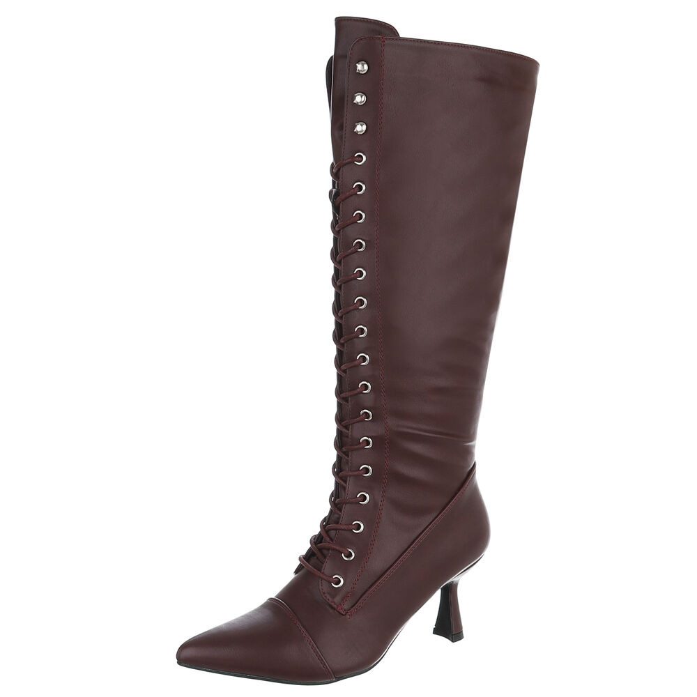 Ital-Design Damen Schnürstiefel kniehoch mit Absatz elegant Schnürstiefel (92422396) Pfennig-/Stilettoabsatz Stiefel in Weinrot