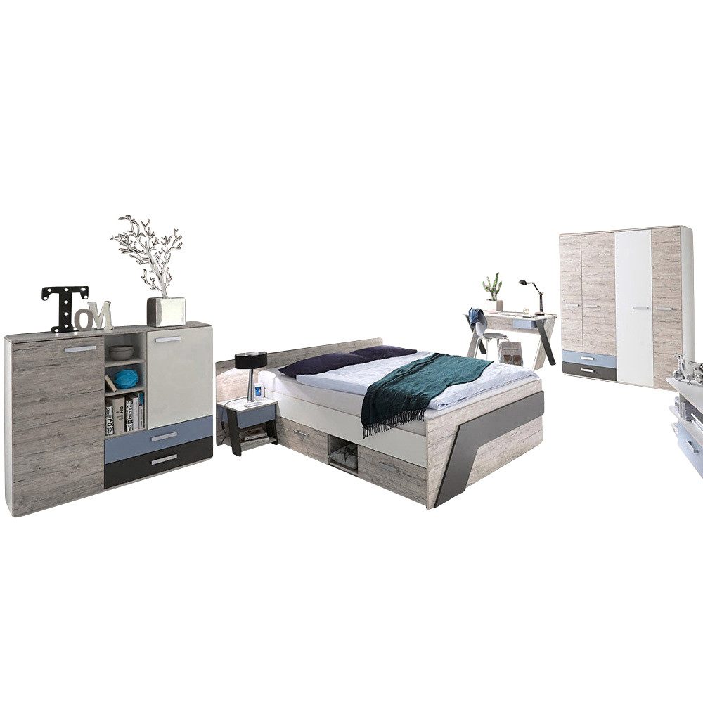 Lomadox Jugendzimmer-Set LEEDS-10, (Sparset, 5-tlg), Sandeiche Nb. mit weiß Lava und Denim Blau