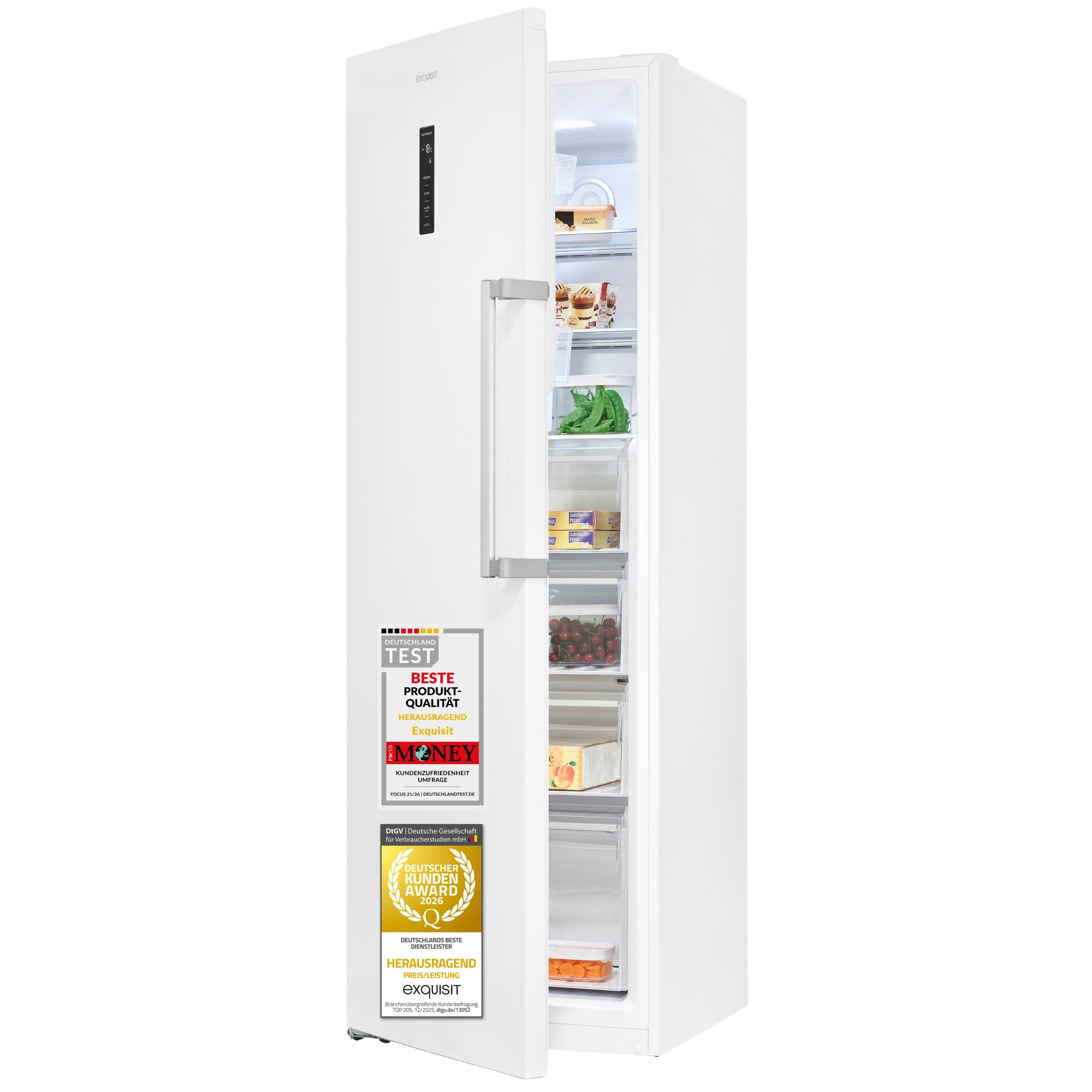 exquisit Gefrierschrank GS5295-NF-H-040C, 185 cm hoch, 60 cm breit, 274 l Nutzinhalt, 17,0 kg, 3 Gefrierschubladen, Energieklasse C