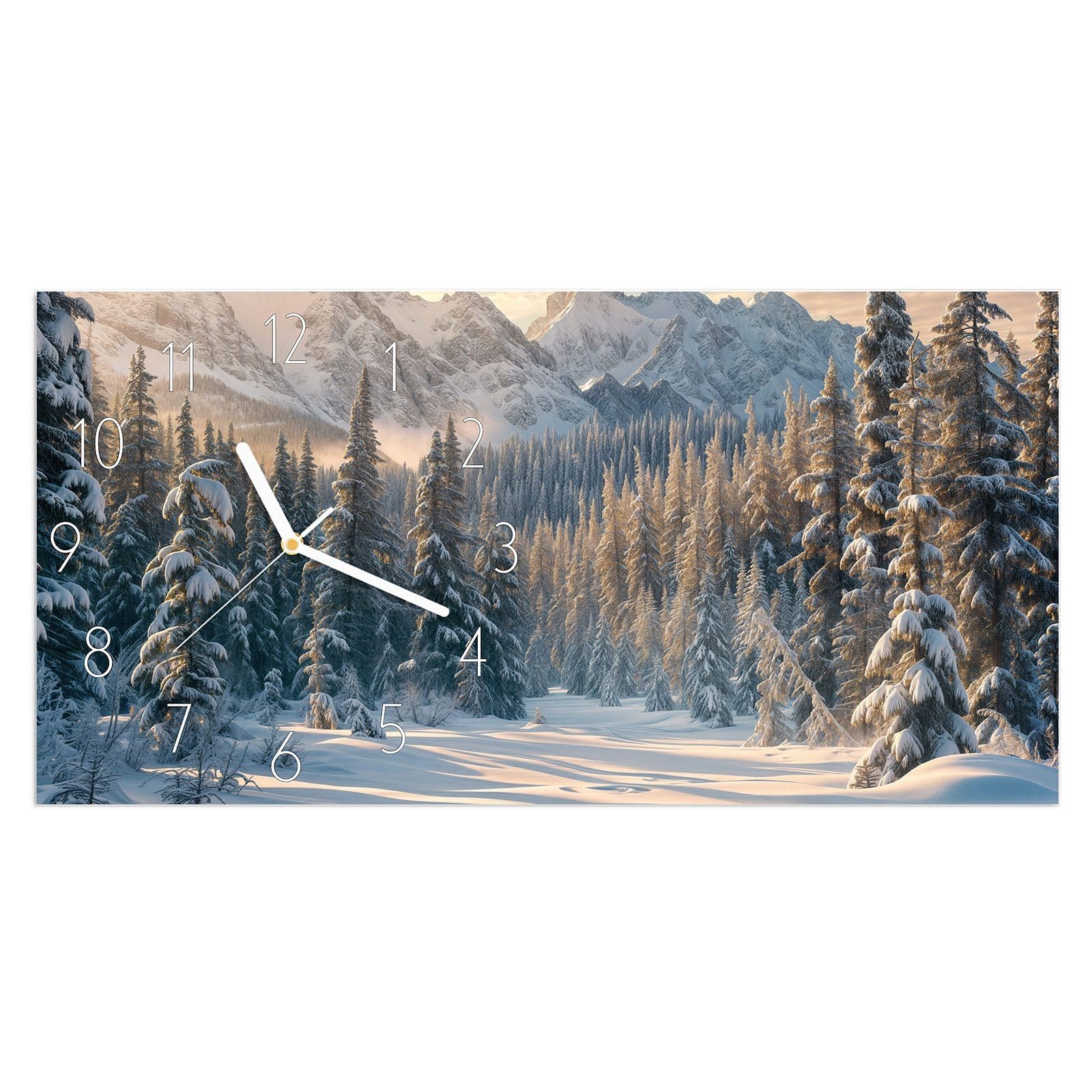 Wanduhr Glasuhr Wandkunst Größe 60 x 30 cm mit Motiv Winterlandschaft