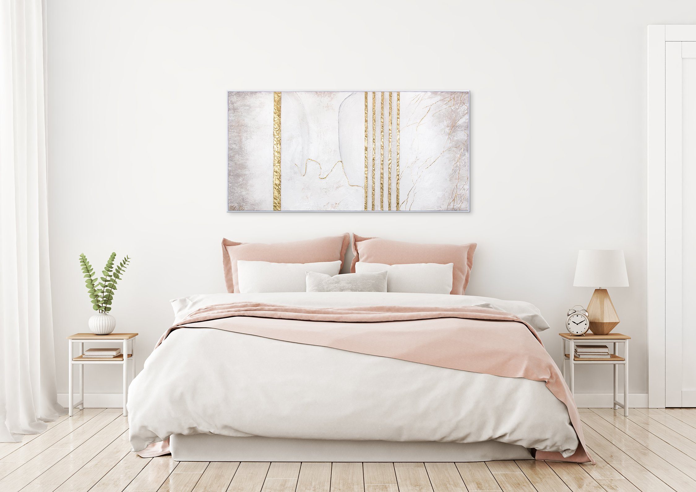 Goldener Marmor, Gemälde YS-Art Leinwand Rahmen auf Handgemalt Weiß Bild Strukturiertes mit Abstrakt