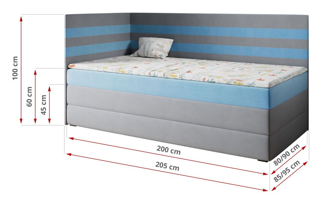 Kinderzimmer, MÖBEL 3, und 90x200 Grau Jugendzimmer, Polsterbett MIKO für MKS Boxspringbetten Blau Kinderbett