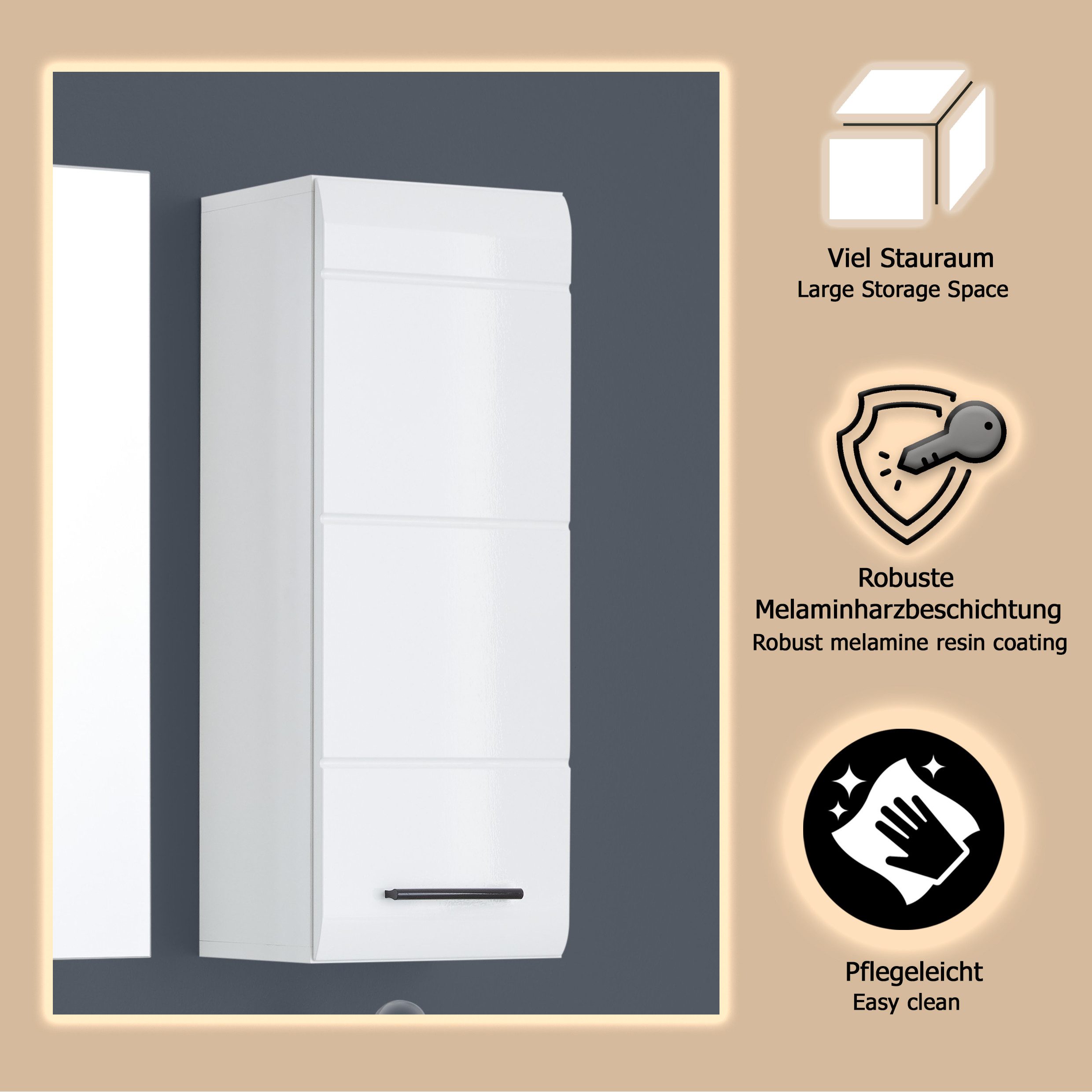 welltime Hängeschrank Sovana Badezimmerschrank mit 2 Fächern in Weiß - (B/T/H) 30/24/77 cm – Bild 4 von 5