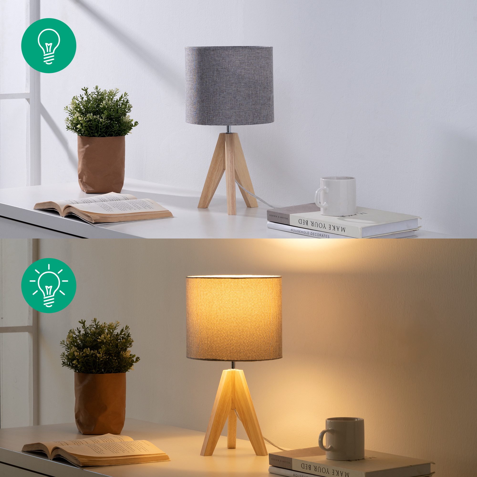 EDISHINE Nachttischlampe 2er Set, Vintage Tischleuchte aus Holz mit Leinenlampenschirm, LED wechselbar, warmweiß, H36 cm Tischlampe mit Leuchtmittel