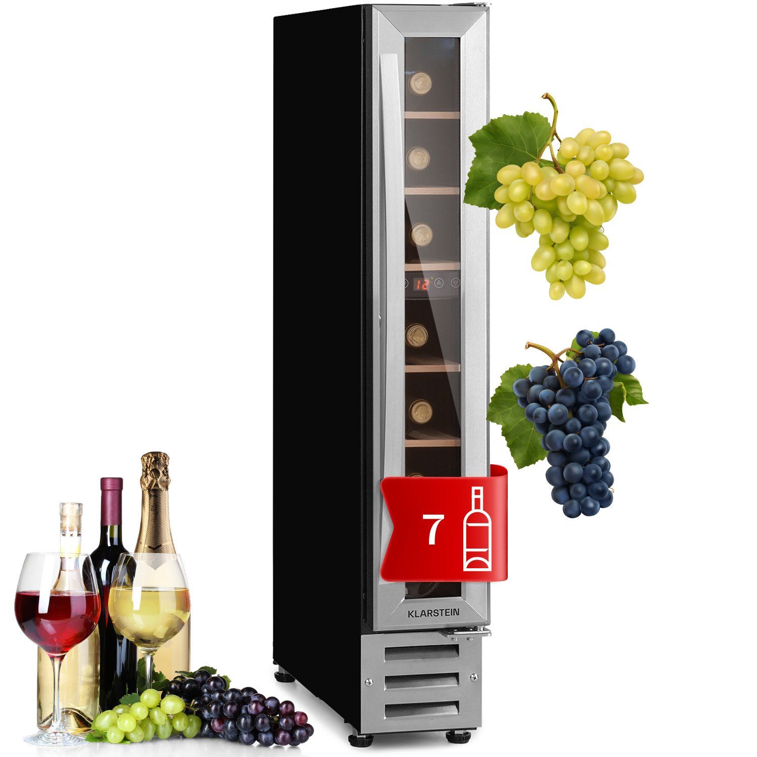 Klarstein Weinkühlschrank Vinovilla 7, für 7 Standardflaschen á 0,75l,Wein Flaschenkühlschrank Weintemperierschrank Weinschrank Kühlschrank Edelstahl | Silber