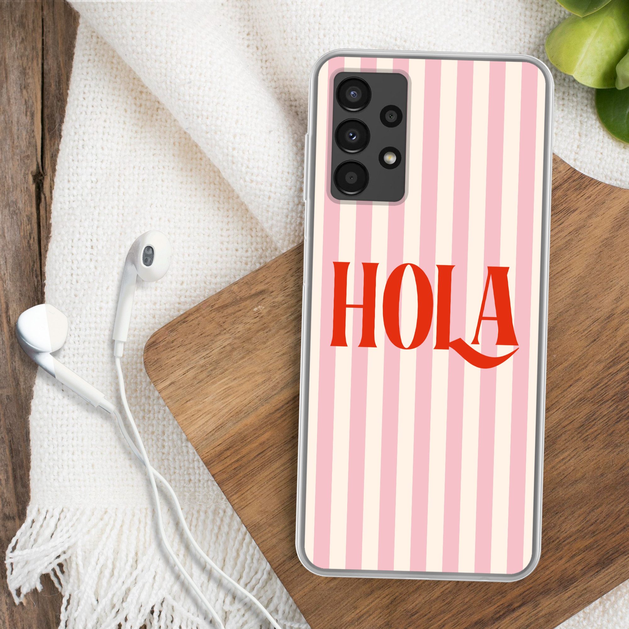 MuchoWow Handyhülle für Samsung Galaxy A13 4G Hola - Zitat - Streifen - Pastell - Rosa - R, Smartphone-Bumper, Print, Handy Schutzhülle Dünn