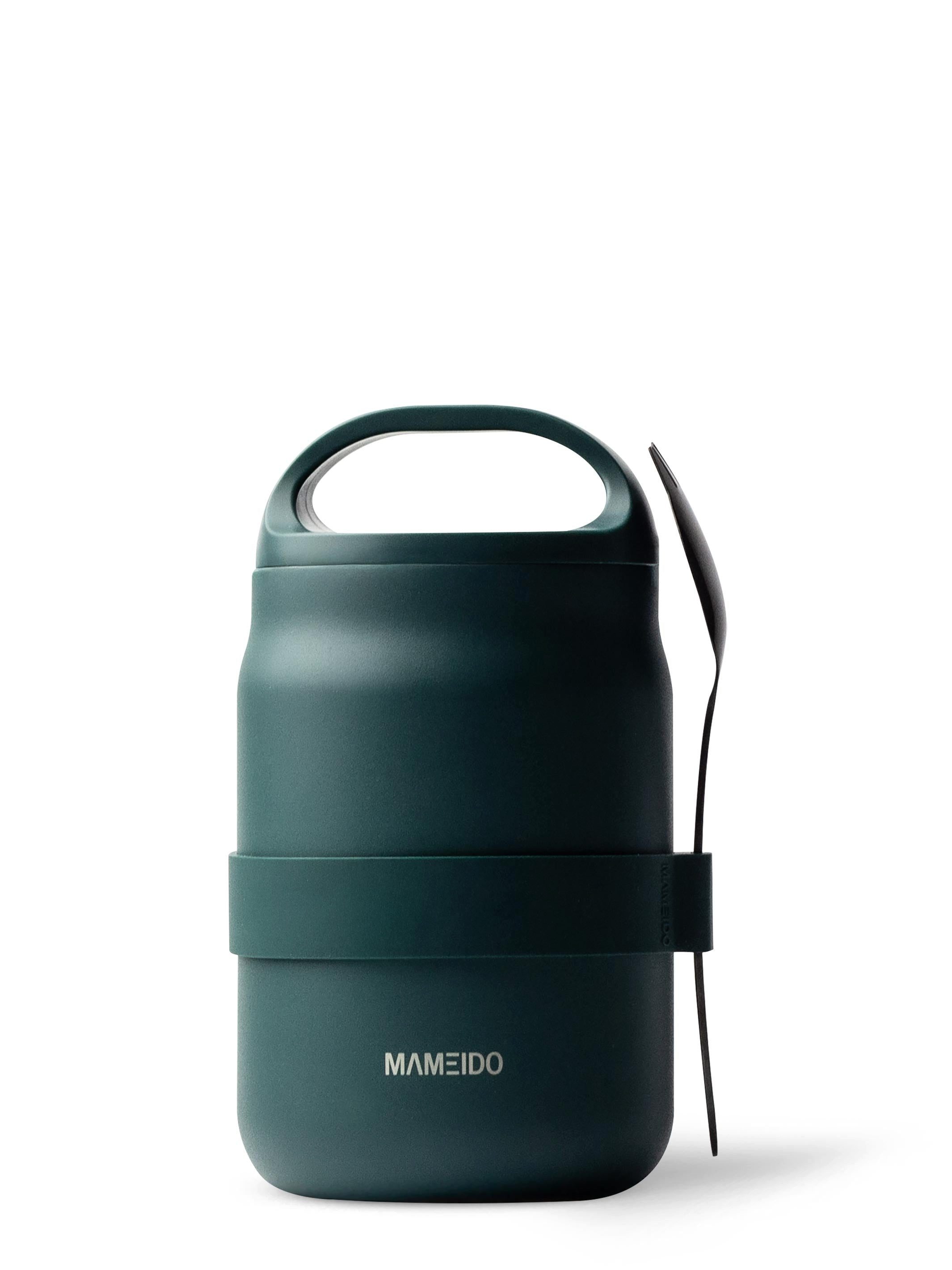 MAMEIDO Thermobehälter, Edelstahl, Kunststoff, Silikon, mit Deckel, integriertem Henkel & Gabel-Löffel-Besteck in 500 & 800 ml