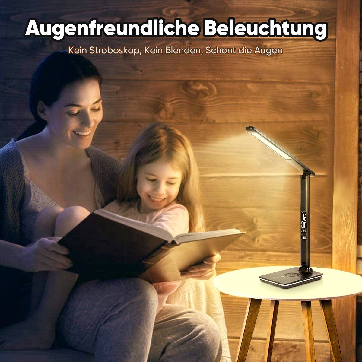 Uhr, USB-Ladeanschluss, LED Schreibtischlampe Datumsanzeige Alarm-, & WILIT Schwarz LED Touch Bürolampe fest integriert, Dimmbar, Kaltweiß, 10W Warmweiß, Temperatur-, Neutralweiß, mit LED Tischleuchte Ladefunktion Nachtlicht mit