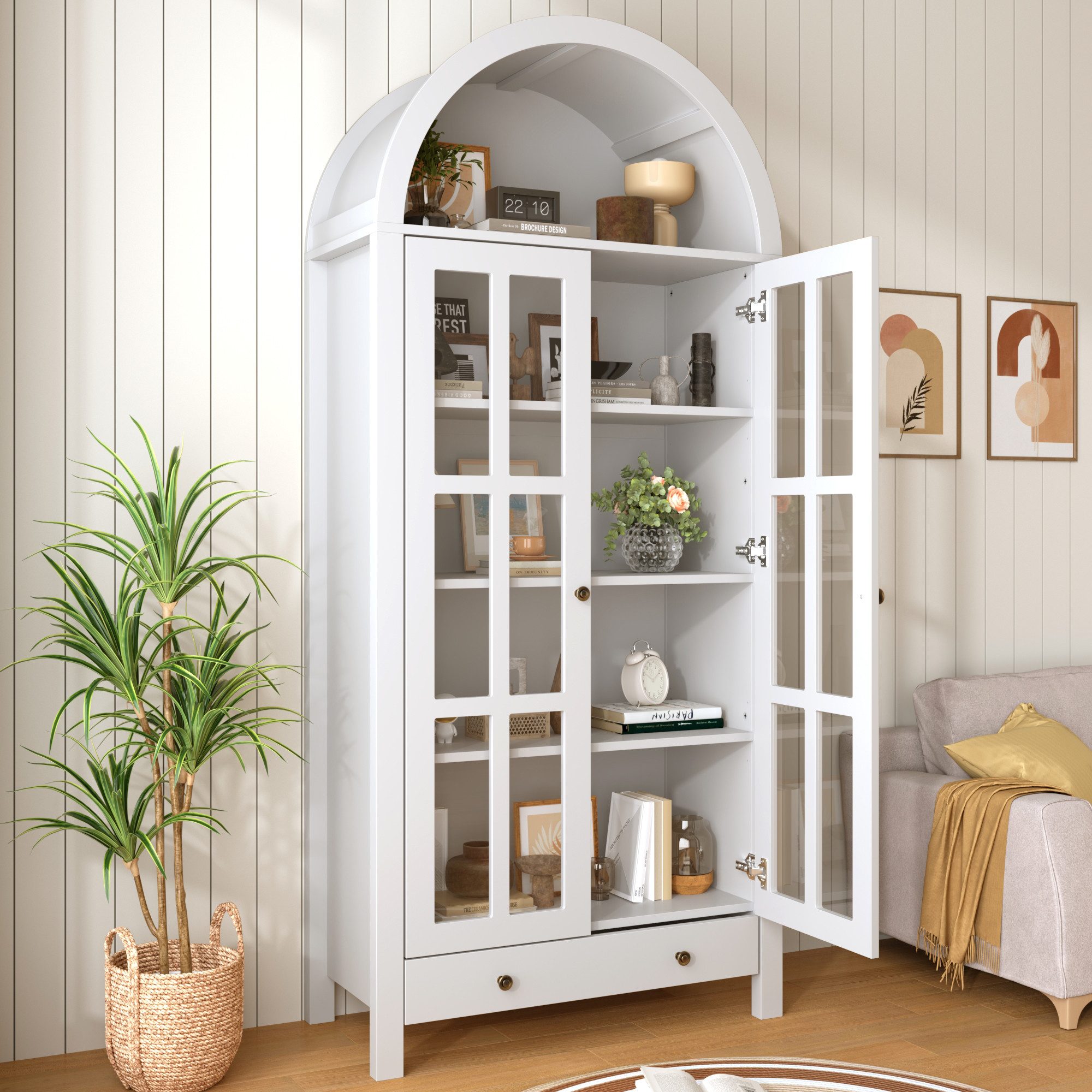 Flieks Hochschrank Bogen-Glasvitrine Mehrzweckschrank mit Acryltüren Landhausstil (Bogenform Vorratsschrank mit verstellbarer Einlegeböden, 1-St., B75/T35/H170,5 cm, für Wohnzimmer, Esszimmer, Schlafzimmer) Multifunktionale Standvitrine mit 5 Fächern, 1 Schublade Retro Weiß