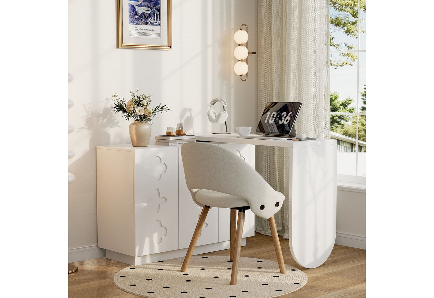 Merax Eckschreibtisch L-förmig drehbar Arbeitstisch (1-St., Eck-Computertisch mit 3 Drucken Türen), Frisiertisch, Sideboard, 110 x 40 x 75 cm