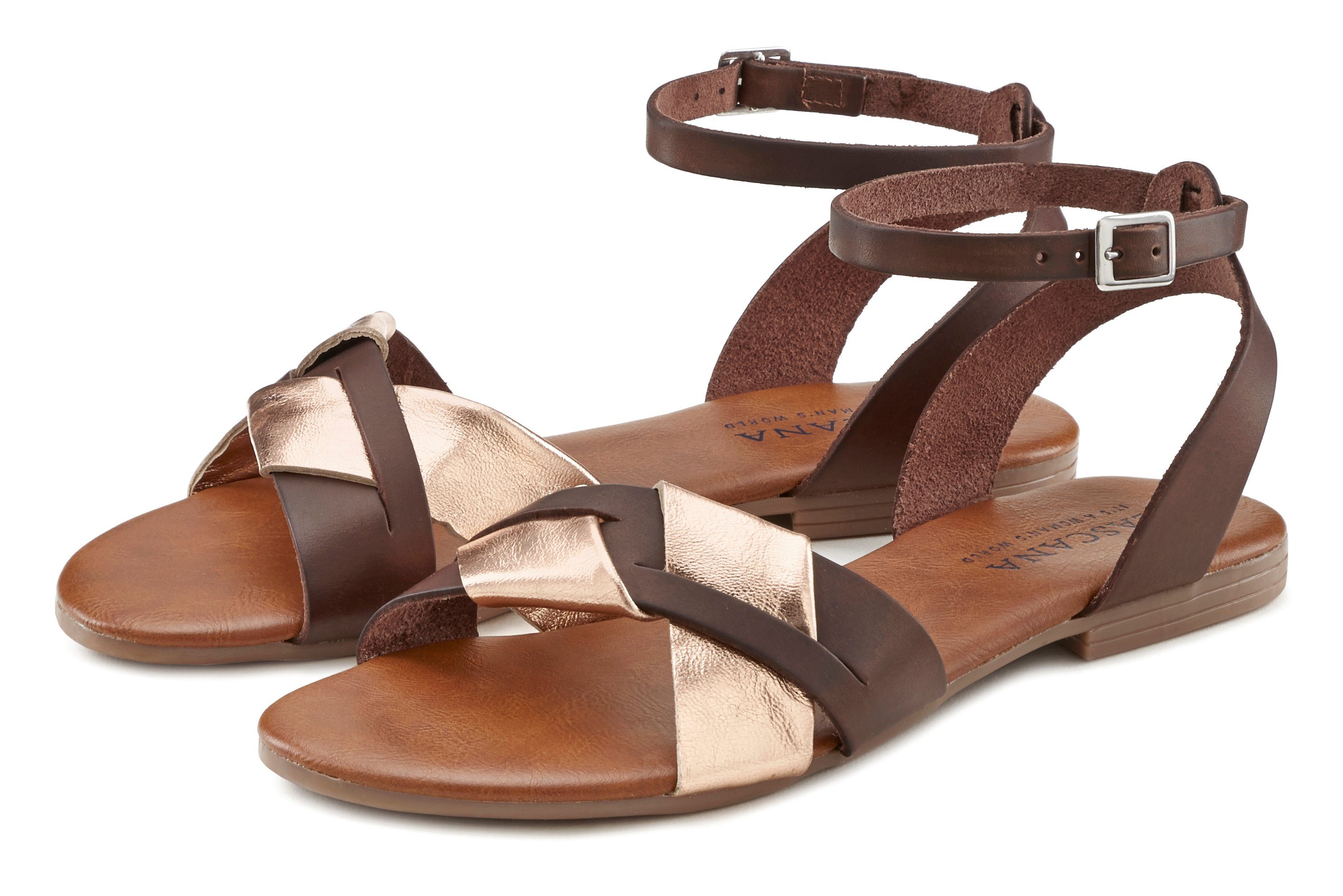 LASCANA Sandale Sandalette, Sommerschuh aus hochwertigem Leder mit Metallic Optik braun