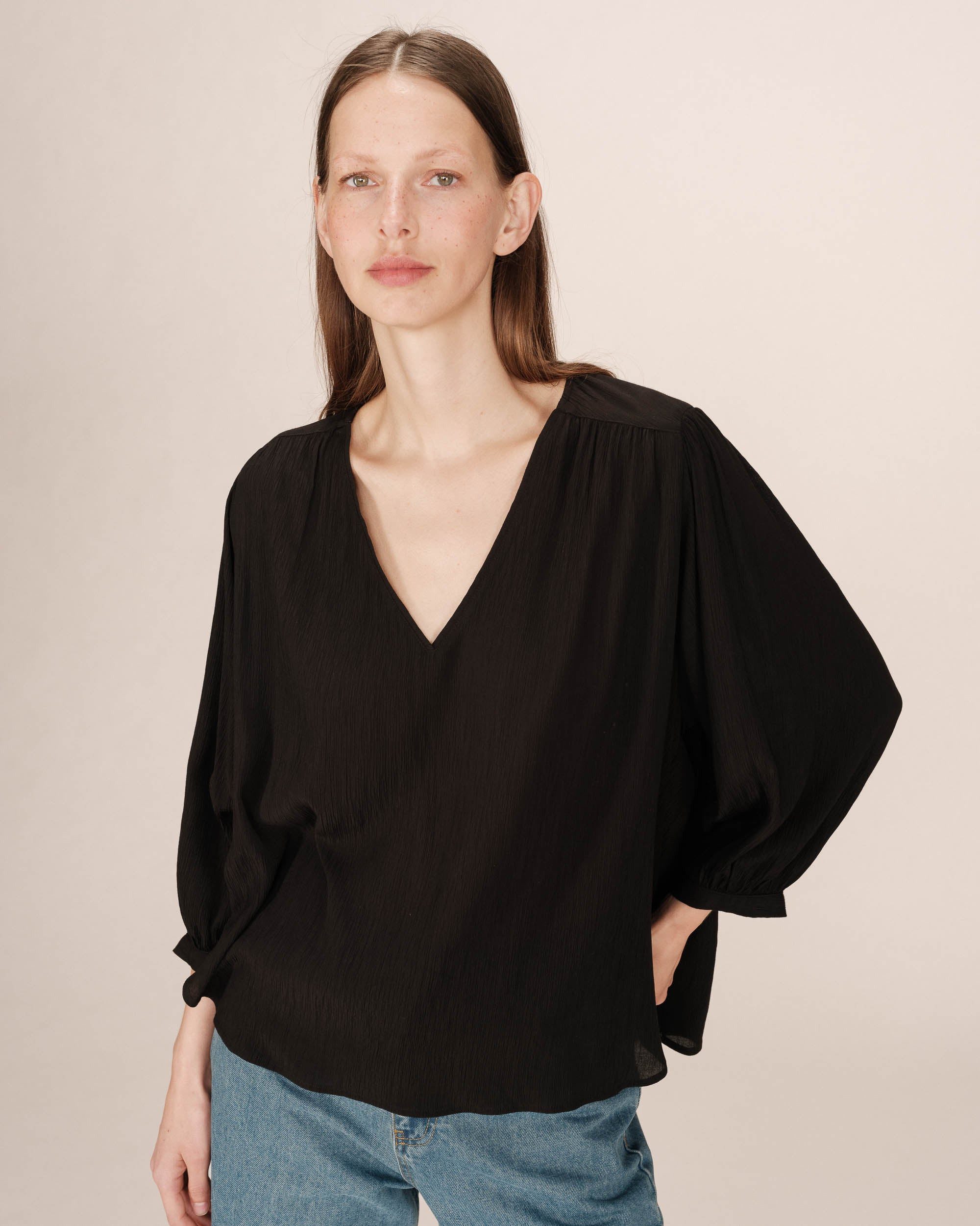 Grace & Mila Langarmbluse Flowy straight blouse SOLO ? V-Ausschnitt ? lockere 3/4 Arm Bluse