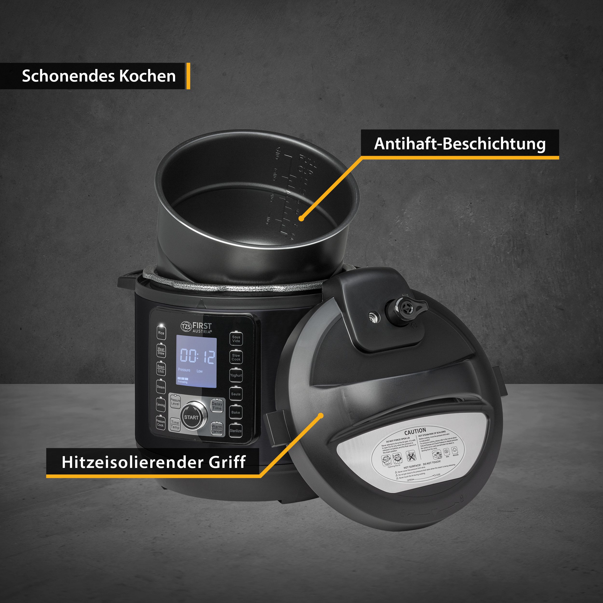 TZS FIRST AUSTRIA Multikocher Druckkochtopf elektrisch 6L, Multikocher, 12 Programme, Reiskocher, 1000 W, 0 l Schüssel, Schnellkochtopf, Dampfgarer mit Warmhalt – Bild 5 von 5