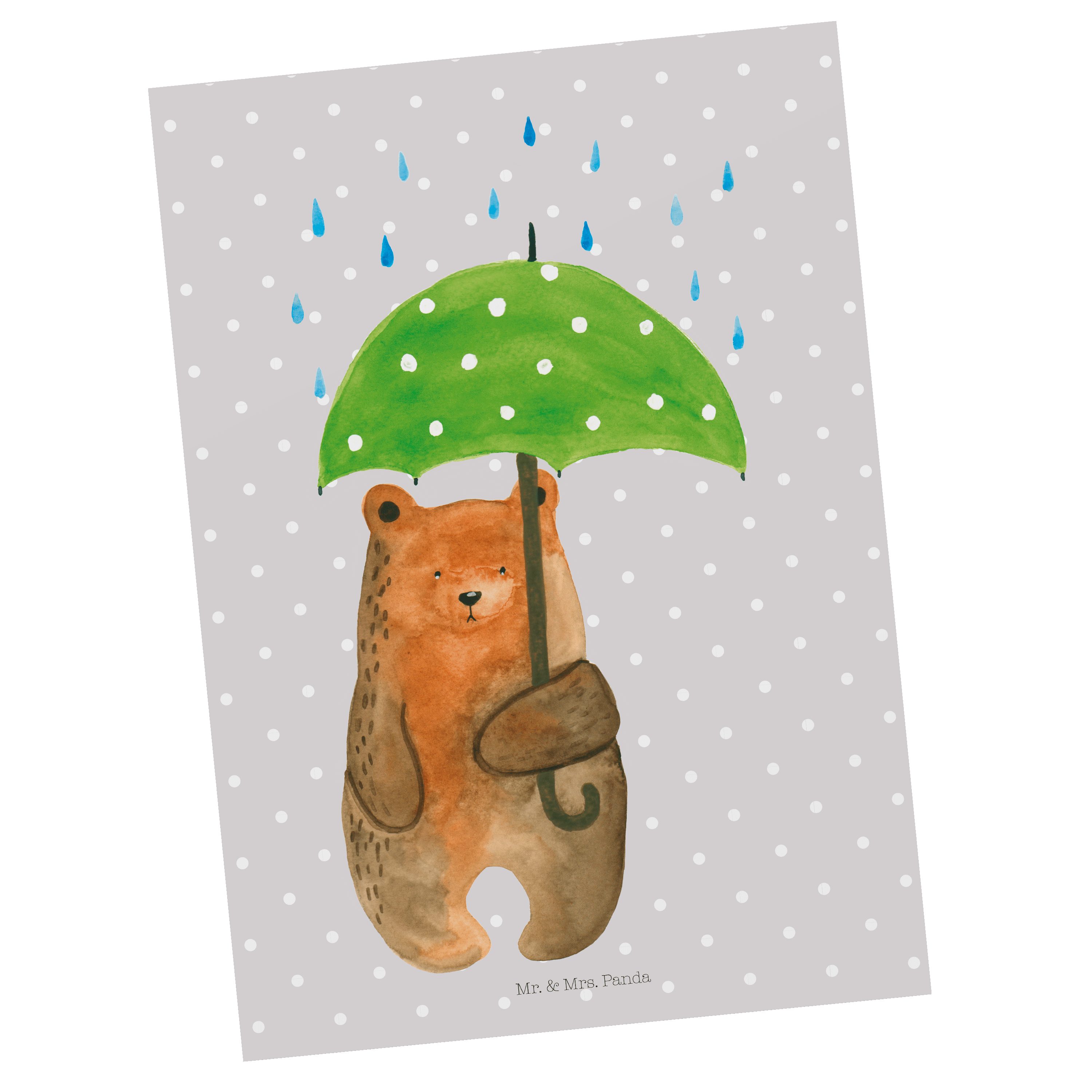 Mr. & Mrs. Panda Postkarte Bär mit Regenschirm - Grau Pastell - Geschenk, Freunde, Liebeskummer