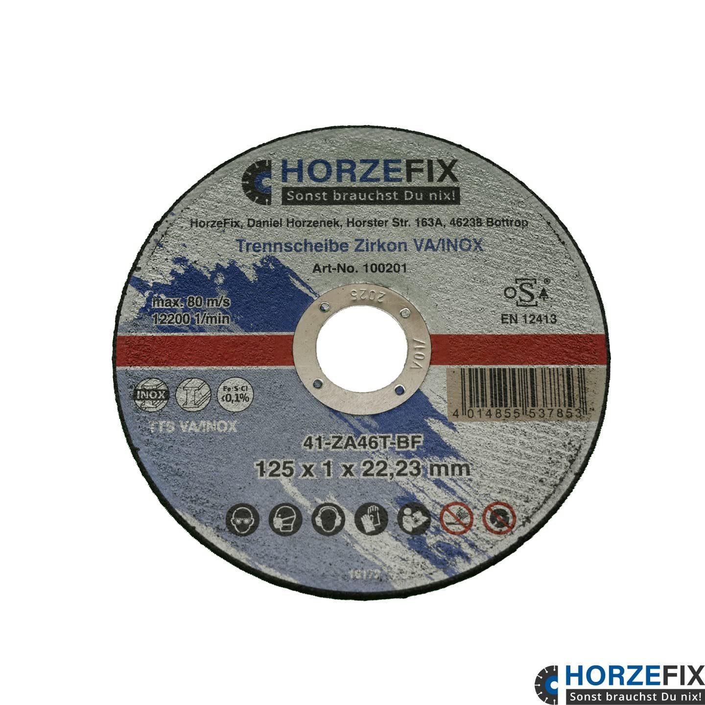 HORZEFIX Trennscheiben Trennscheibe 125 Metall 1mm dünn Flex VA/INOX 125 x 1,0 mm x 22,23 mm, Ø 125 mm, (Packung, 25-tlg., VPE = 25 Stück), Zirkonkorund/Inox