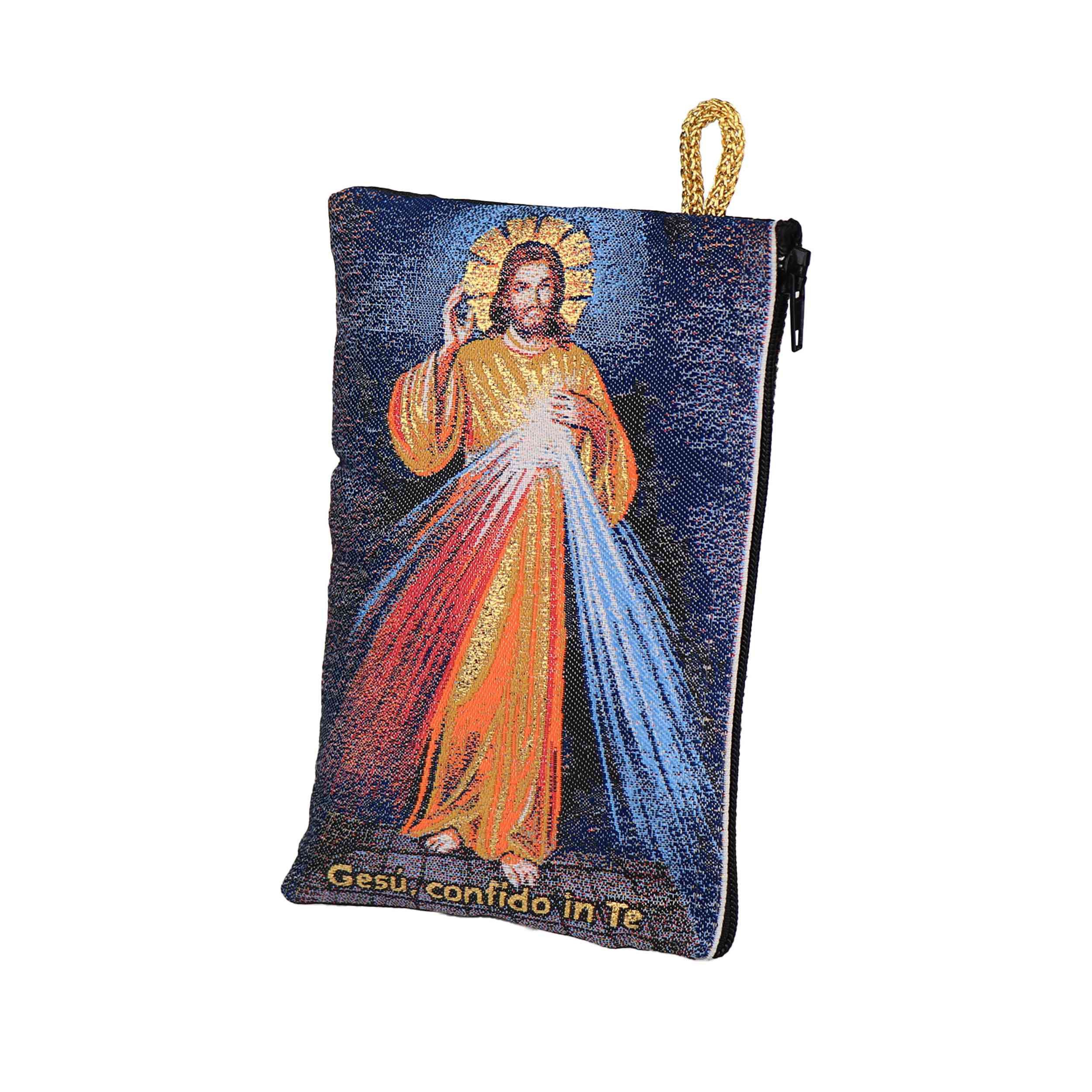 NKlaus Bild Rosenkranz Tasche 10x15cm – Barmherziger Jesus, goldblau bestickt, Religion
