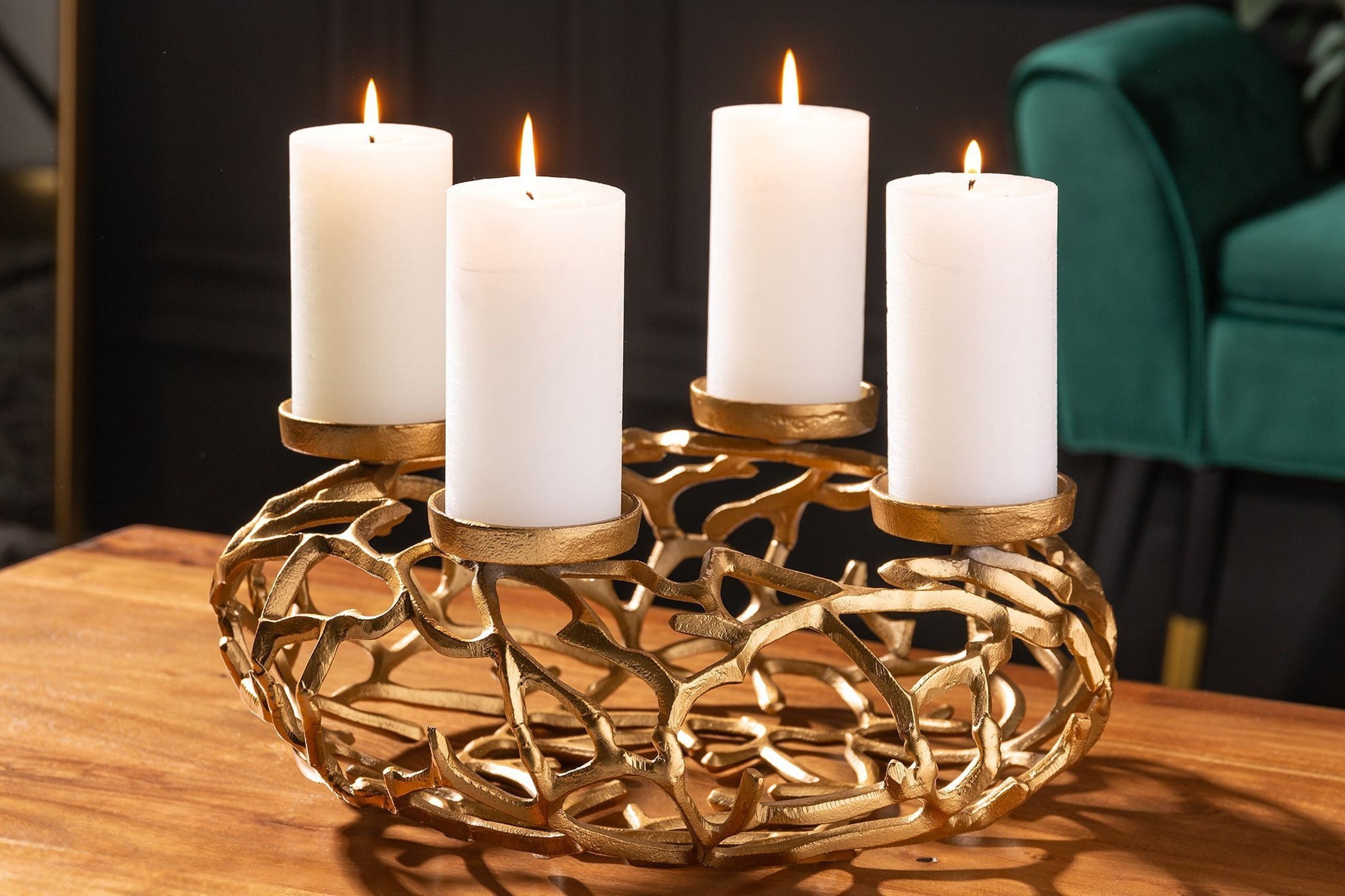 Licht-Erlebnisse Kerzenständer GARONNE, für Blockkerzen Ø38cm Handarbeit in Gold Adventskranz